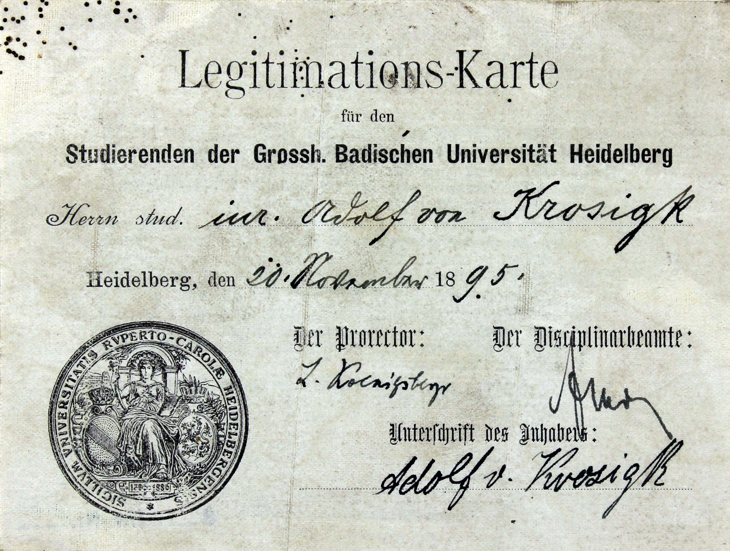 Studentenausweis der Universität Heidelberg für Adolf von Krosigk, 1895 (Museum Wolmirstedt RR-F)