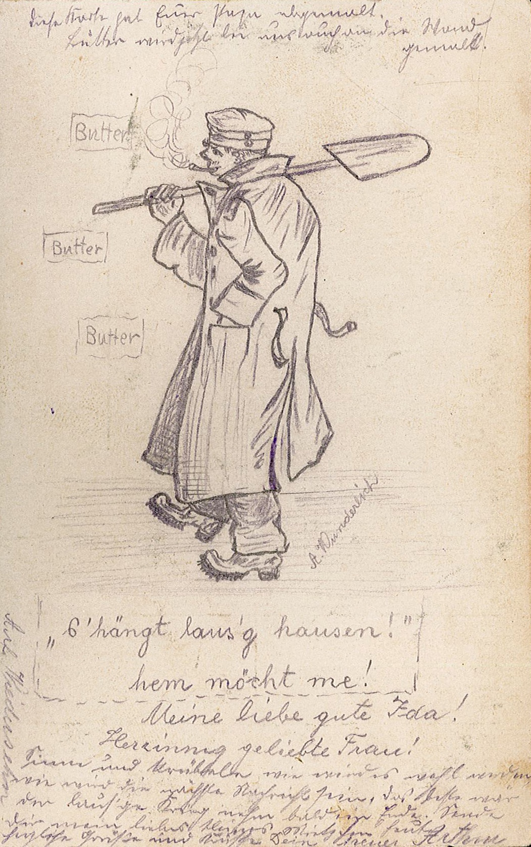 Feldpostkarte von Arthur Wunderlich an Ida Wunderlich, "s’hängt lans’g hausen! hem möcht me!", 1914-1918 (Museum Wolmirstedt RR-F)