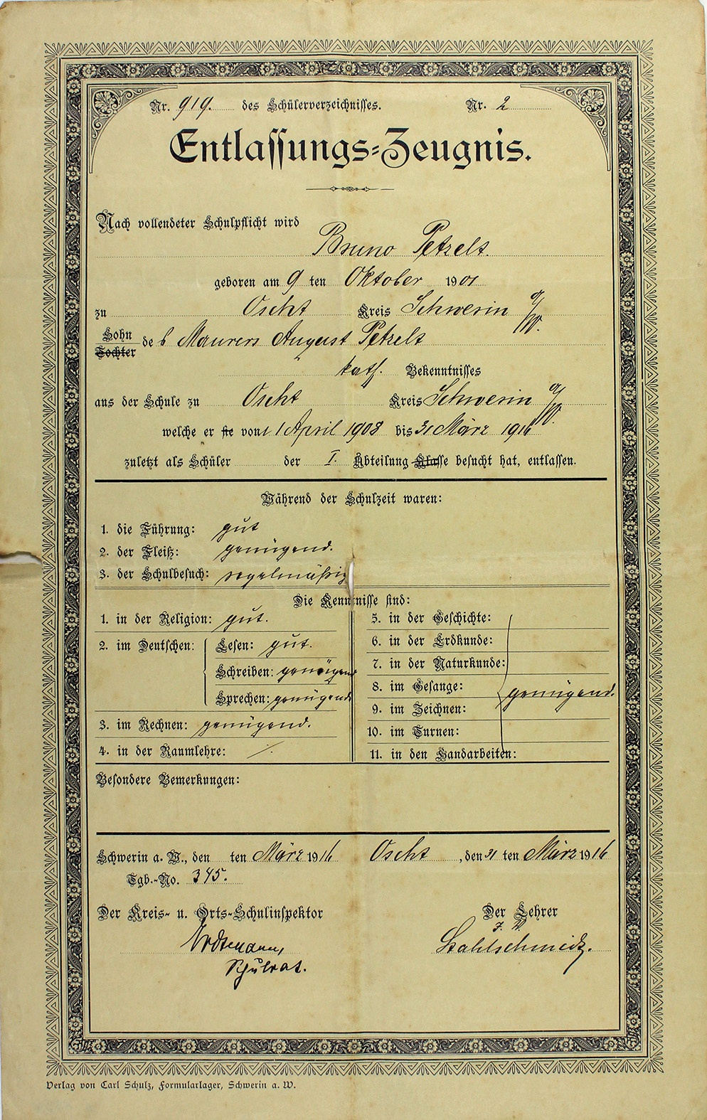 Enltassungszeugnis der Schule Oscht für Bruno Petzelt, 1916 (Museum Wolmirstedt RR-F)