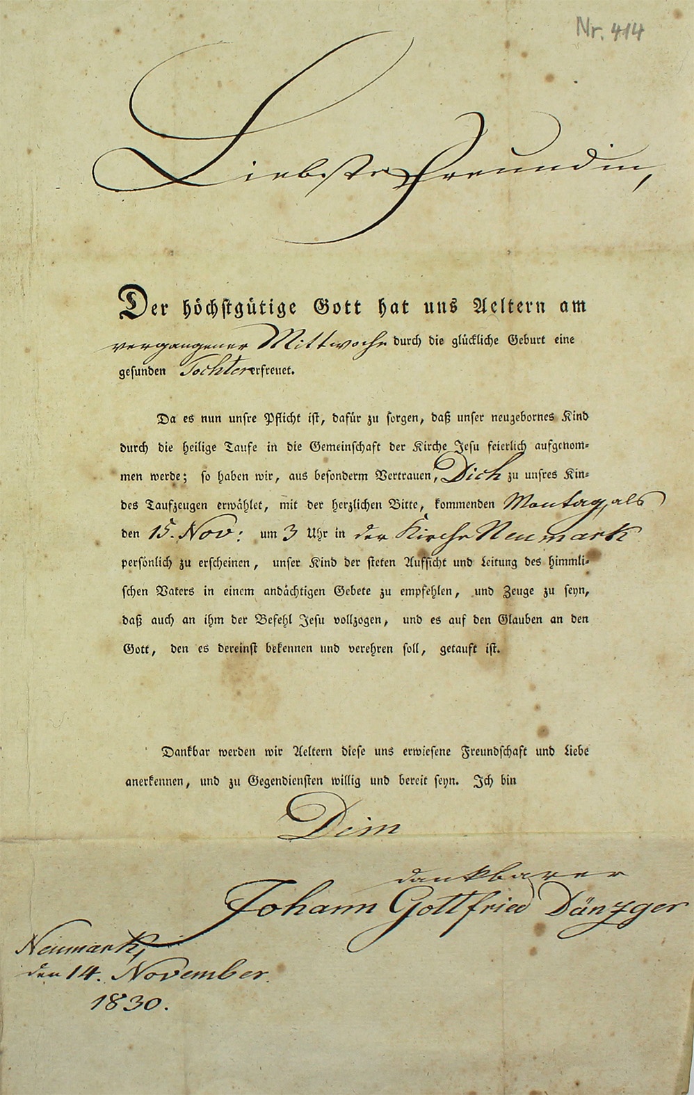 Einladung zur Taufe der Tochter von Johann Gottfried Dänzger an Christiane Hartmann , 1830 (Museum Wolmirstedt RR-F)