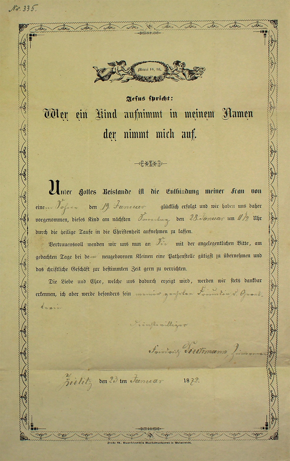 Einladung zur Taufe des Sohnes von Friedrich Dieckmann an Friederike Röhle, 1872 (Museum Wolmirstedt RR-F)