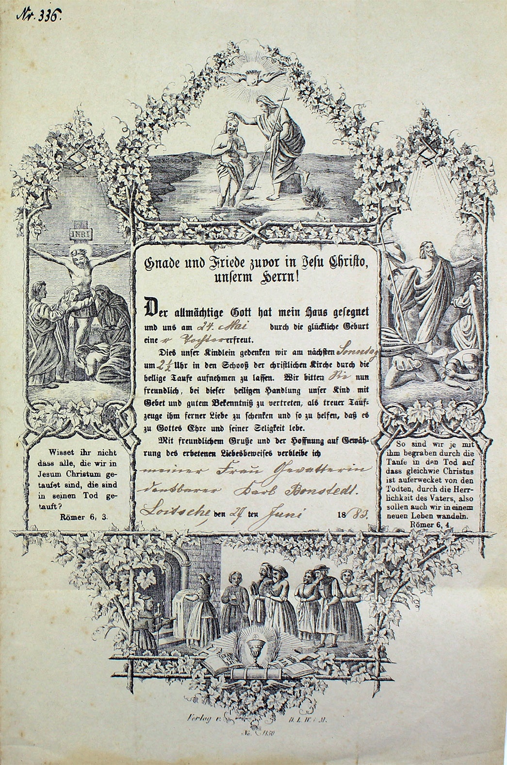 Einladung zur Taufe der Tochter von Karl Bonstedt, 1883 (Museum Wolmirstedt RR-F)