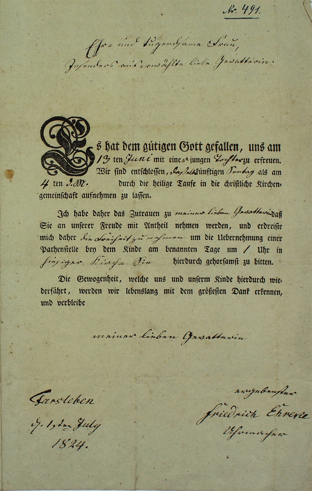 Einladung zur Taufe der Tochter von Uhrmachermeister Friedrich Ehreke an Dorothee Otto, 1824 (Museum Wolmirstedt RR-F)