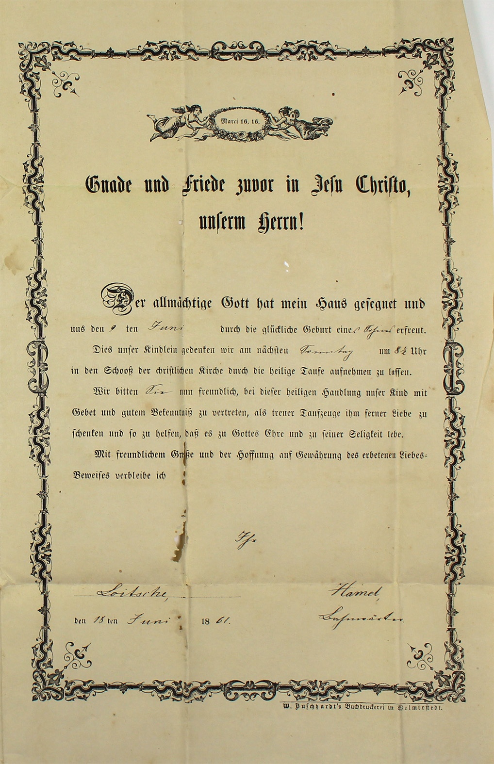 Einladung zur Taufe des Sohnes von Bahnwärter Hamel, 1861 (Museum Wolmirstedt RR-F)