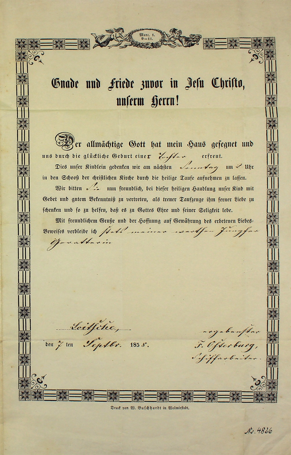 Einladung zur Taufe der Tochter von Schiffsarbeiter F. Osterburg, 1858 (Museum Wolmirstedt RR-F)