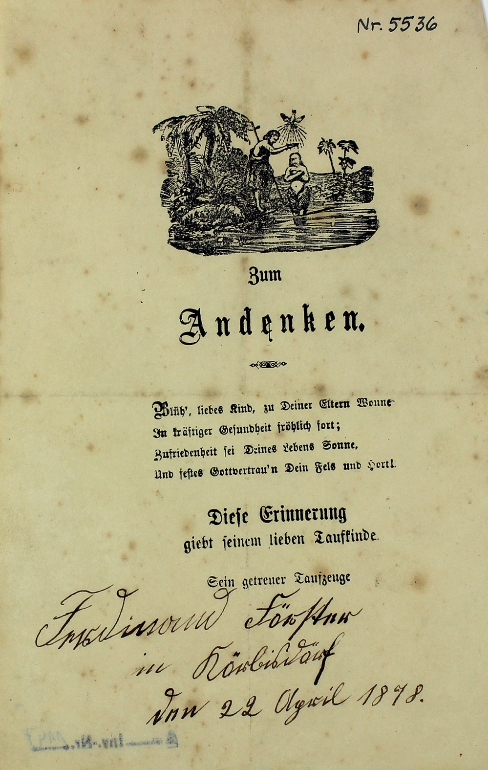 Erinnerungsblatt zur Taufe in Körbisdorf, 1878 (Museum Wolmirstedt RR-F)