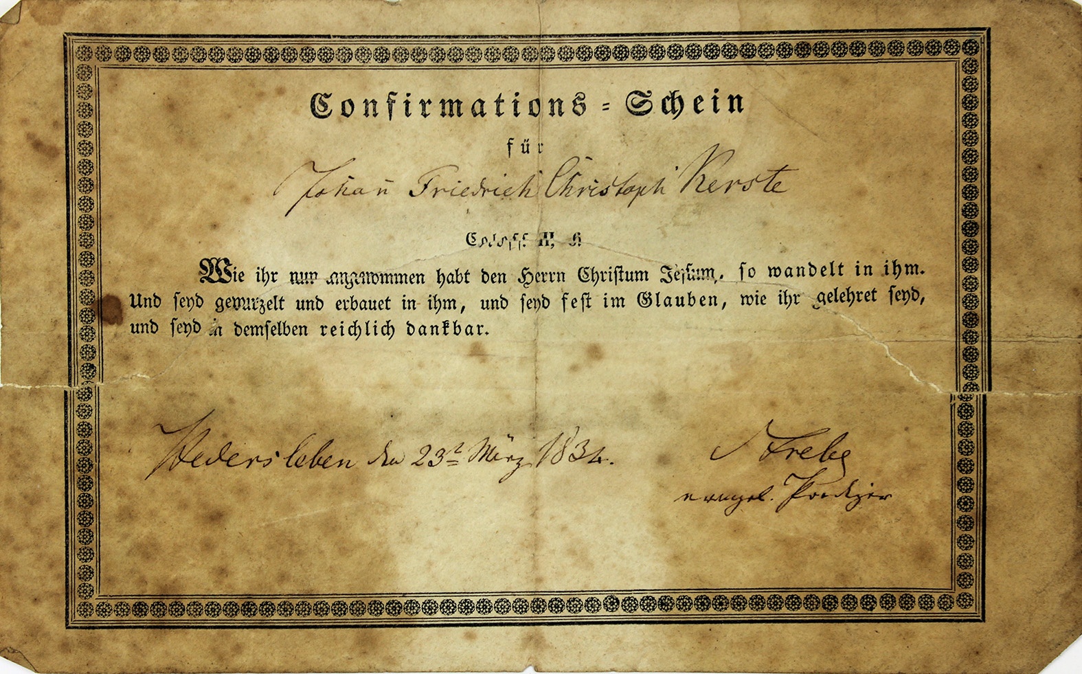 Konfirmationsschein für Johann Friedrich Christoph Kerste, 1834 (Museum Wolmirstedt RR-F)