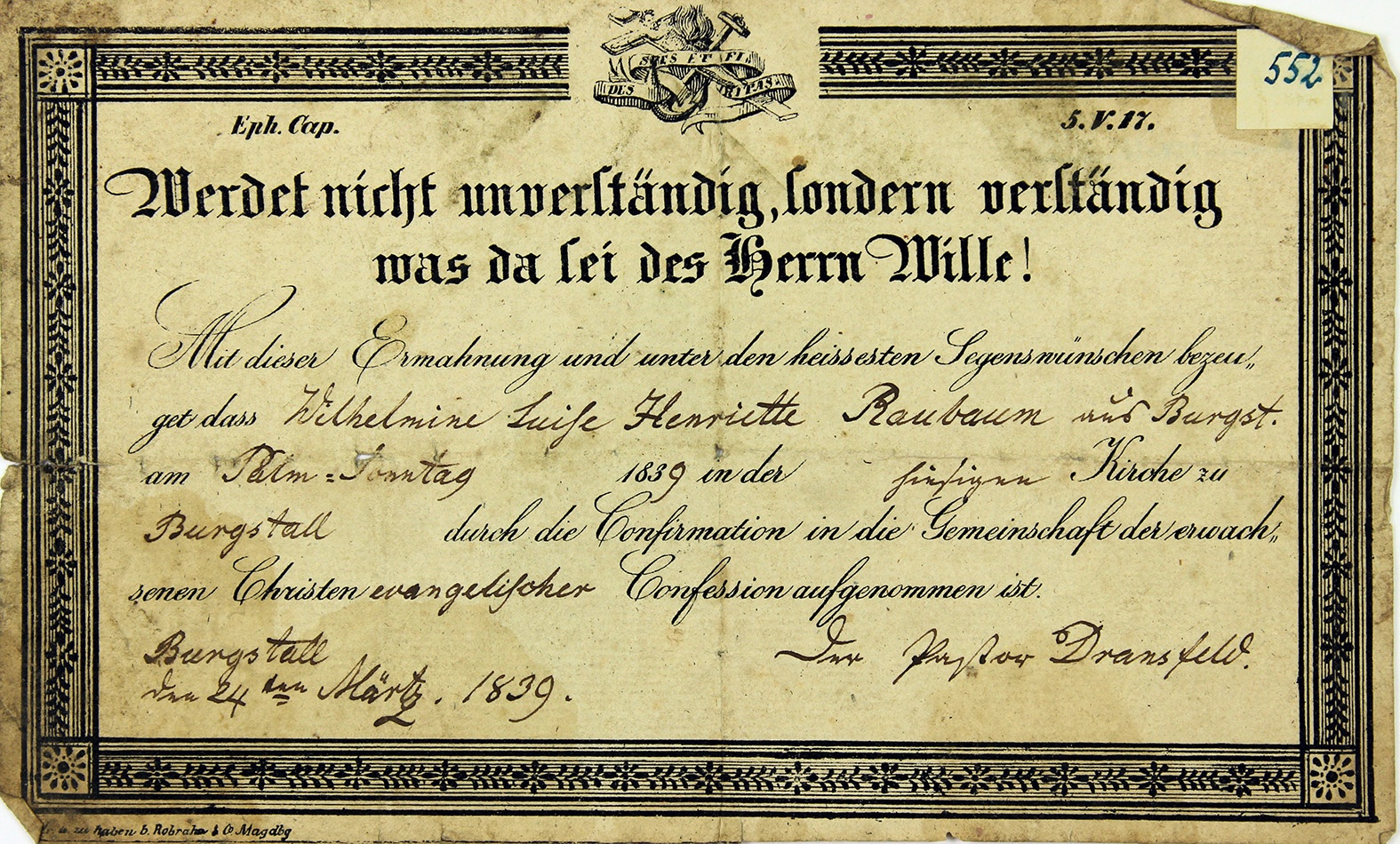 Konfirmationsurkunde für Wilhelmine Luise Henriette Raubaum, 1839 (Museum Wolmirstedt RR-F)