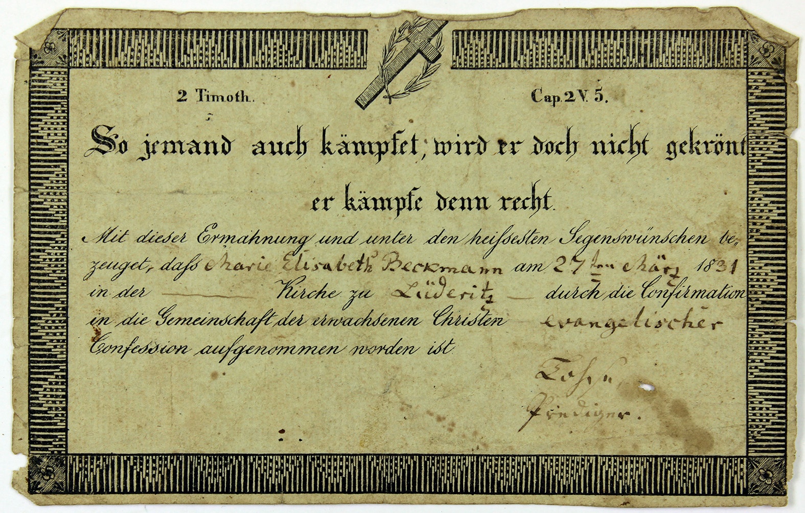 Konfirmationsurkunde für Marie Elisabeth Beckmann, 1831 (Museum Wolmirstedt RR-F)