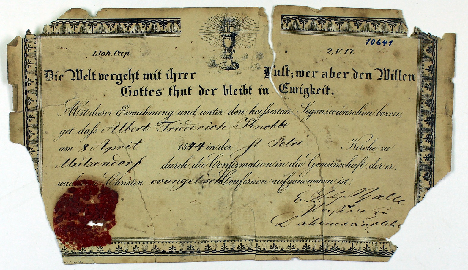 Konfirmationsschein für Albert Friedrich Knobbe, 1844 (Museum Wolmirstedt RR-F)
