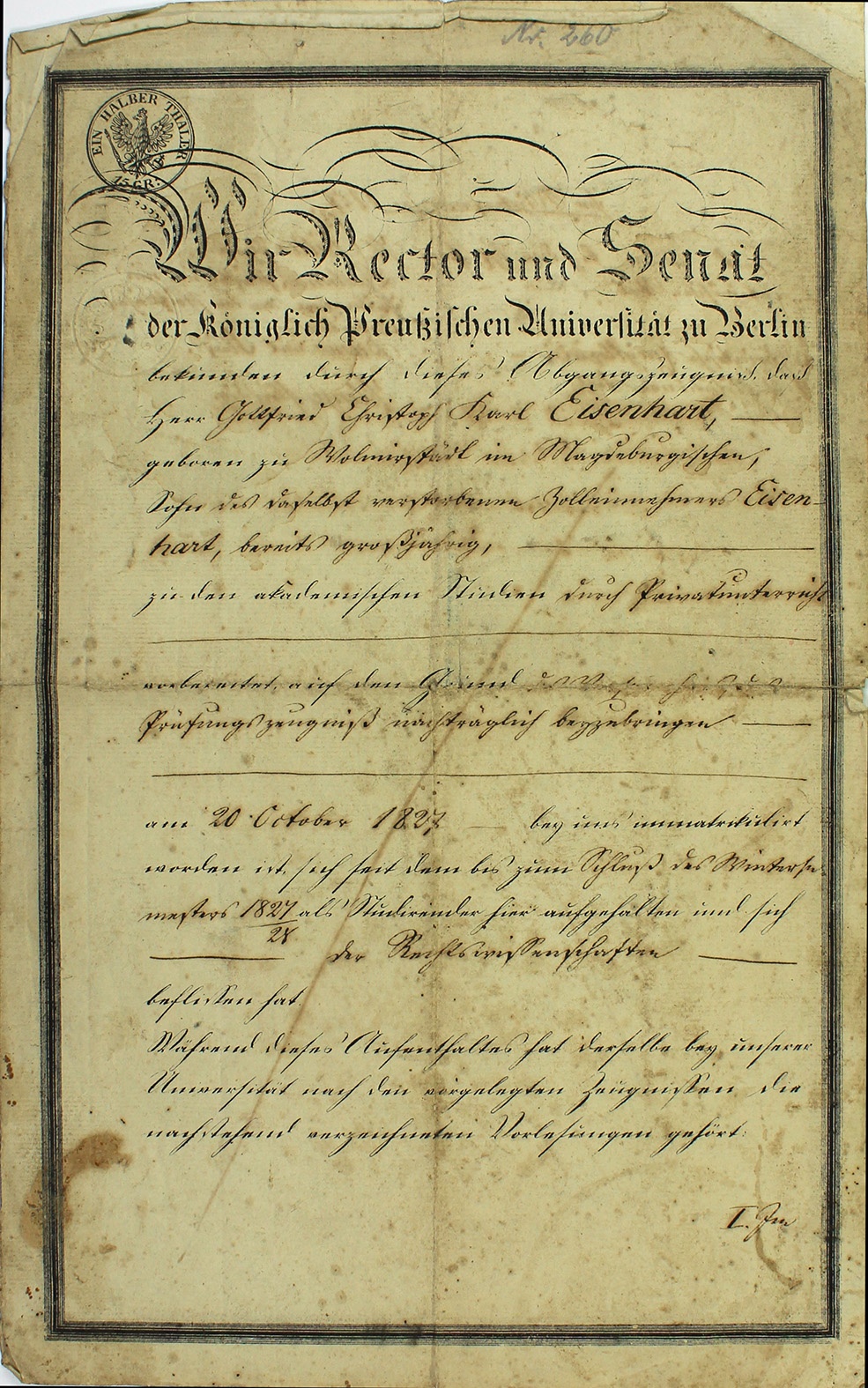 Zeugnis für Gottfried Christoph Karl Eisenhart von der Universität Berlin, 10. November 1828 (Museum Wolmirstedt RR-F)