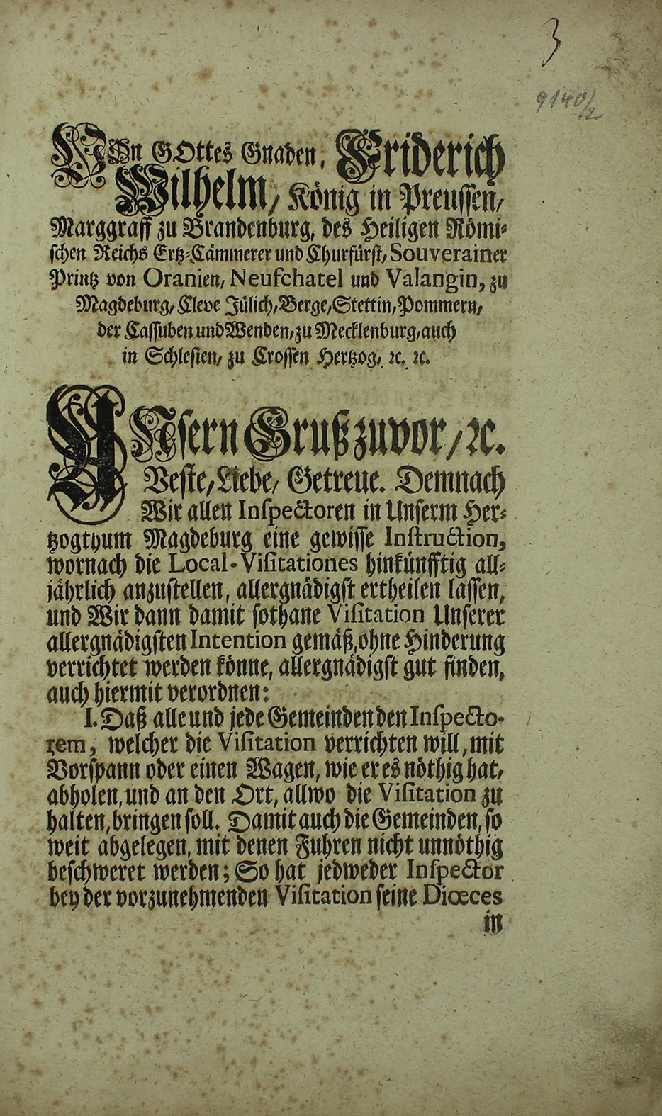 Anweisungen zu den anstehenden Inspektionen der kirchlichen Gemeinden, 27. Juni 1715 (Museum Wolmirstedt RR-F)