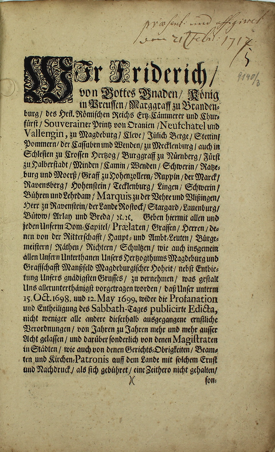 Anweisung zur Einhaltung des Sabbats an Sonntagen, 28. Oktober 1711 (Museum Wolmirstedt RR-F)