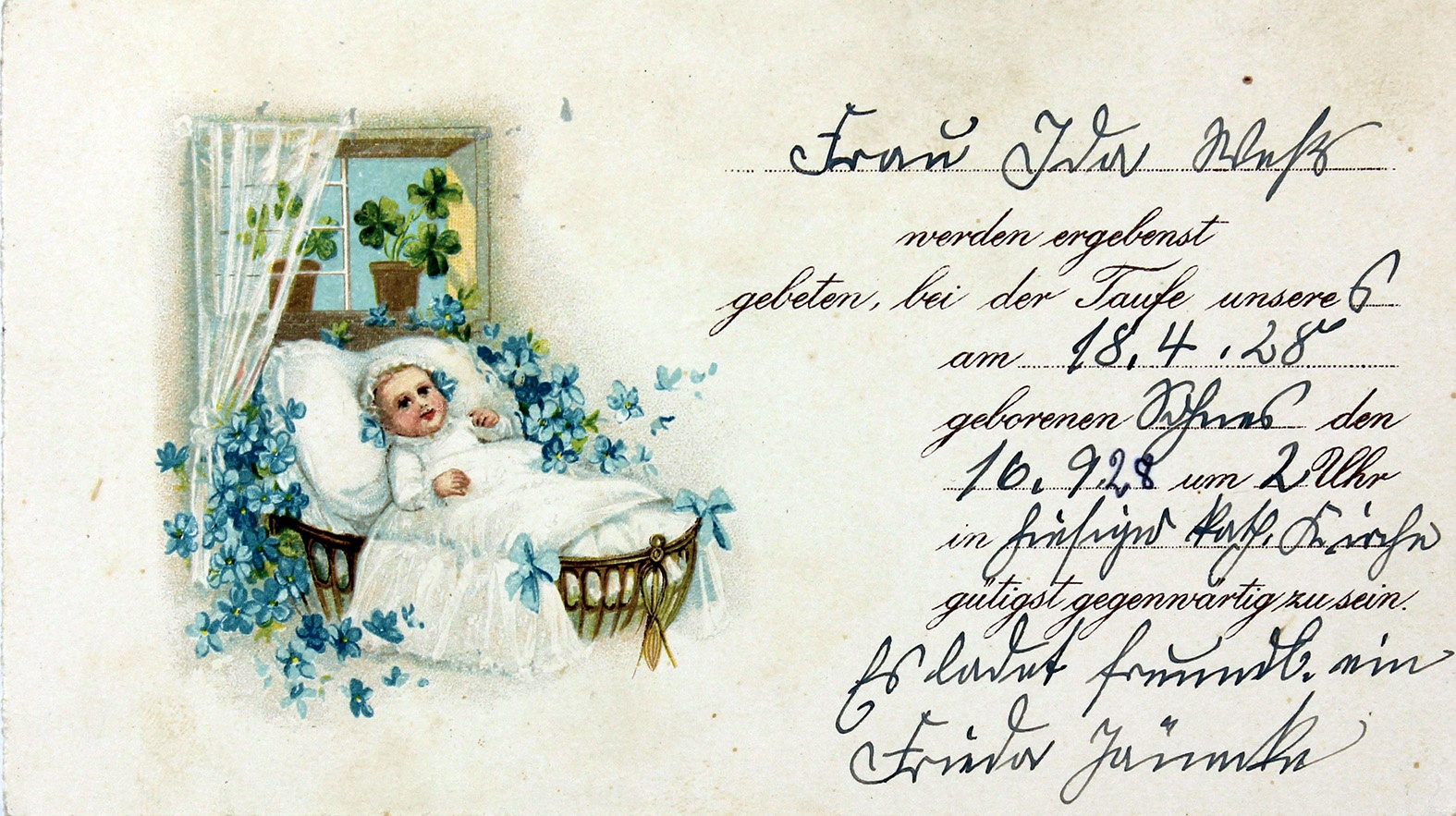 Einladung zur Taufe des Sohnes von Frida Jäneke an Ida Weß, 16. September 1928 (Museum Wolmirstedt RR-F)