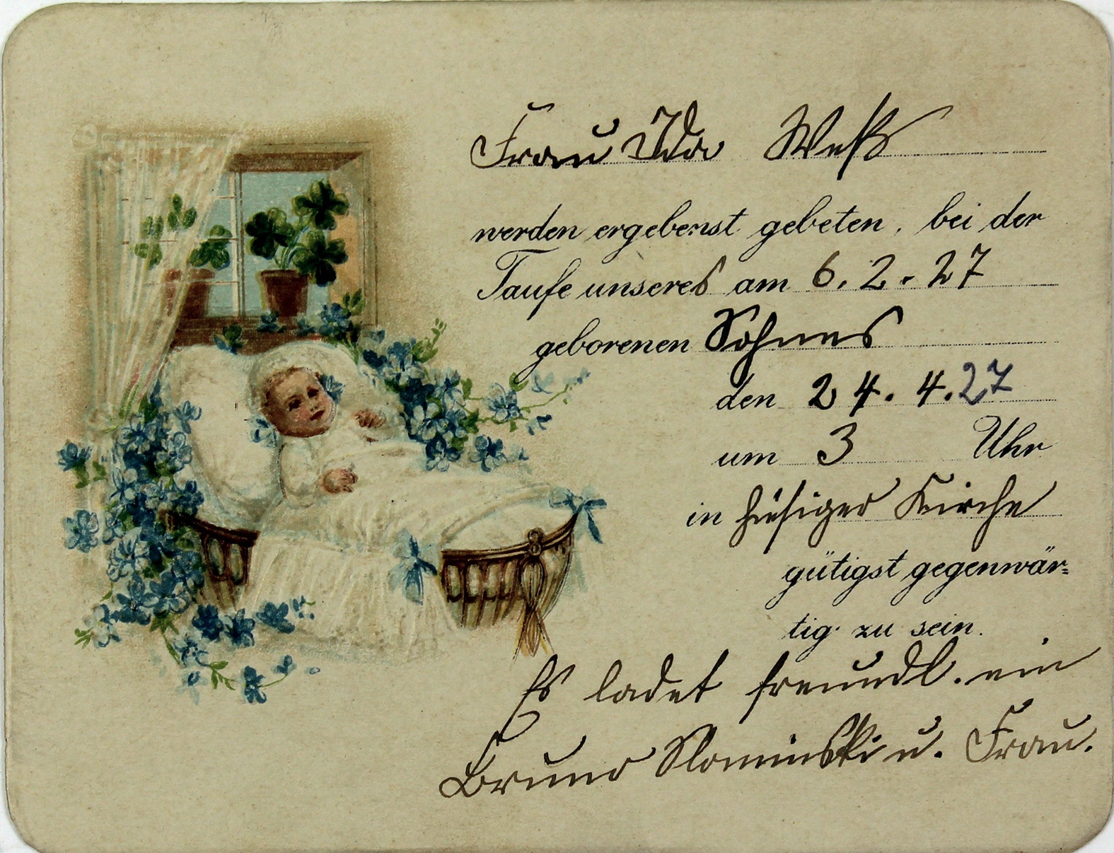 Einladung zur Taufe des Sohnes von Bruno Slominski an Ida Weß, 24. April 1927 (Museum Wolmirstedt RR-F)