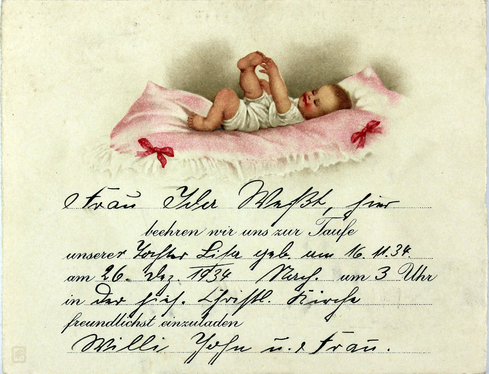 Einladung zur Taufe von Lisa John an Ida Weß, 26. Dezember 1934 (Museum Wolmirstedt RR-F)