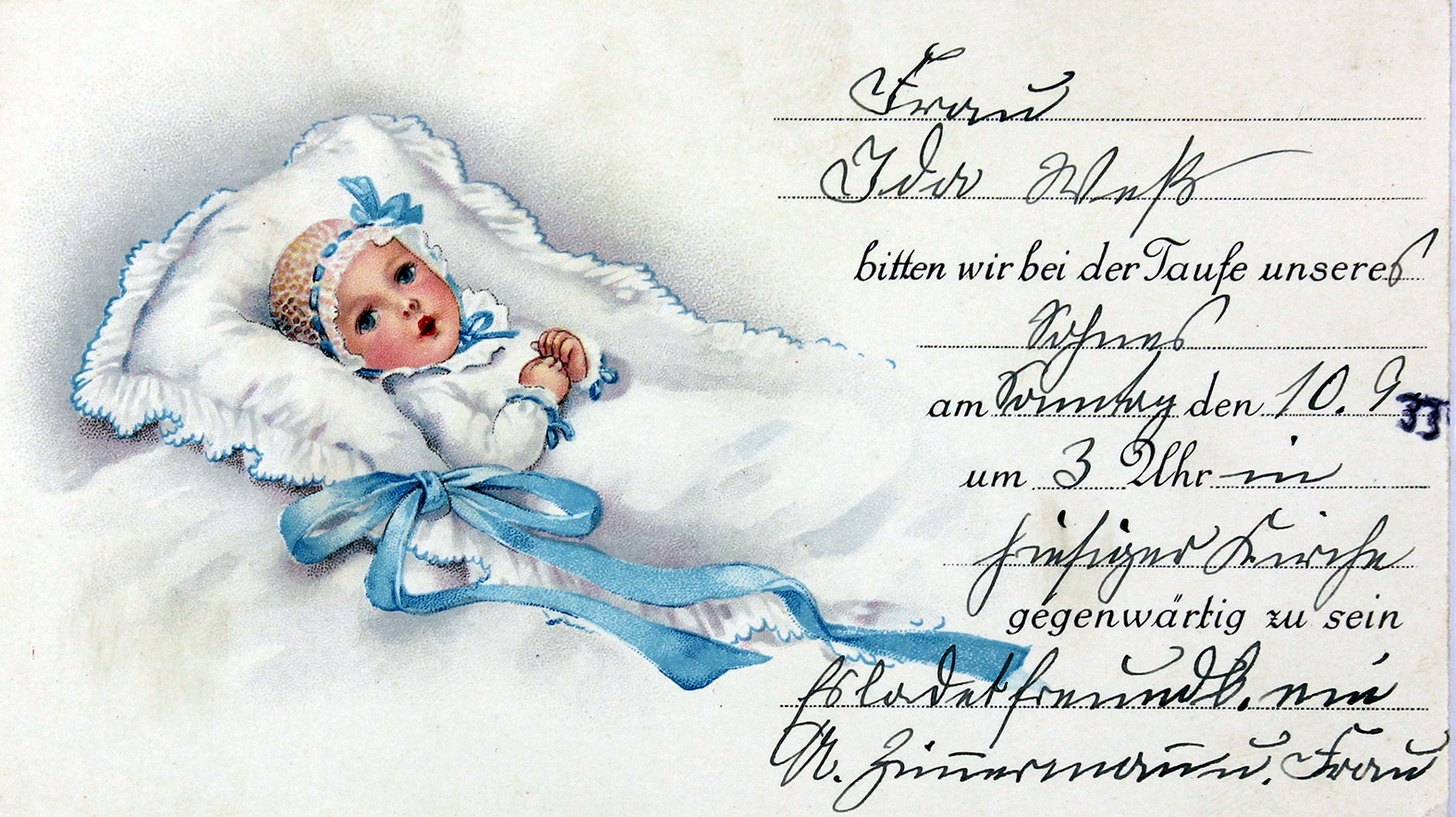 Einladung zur Taufe des Sohnes von A. Zimmerman an Ida Weß, 10. September 1933 (Museum Wolmirstedt RR-F)