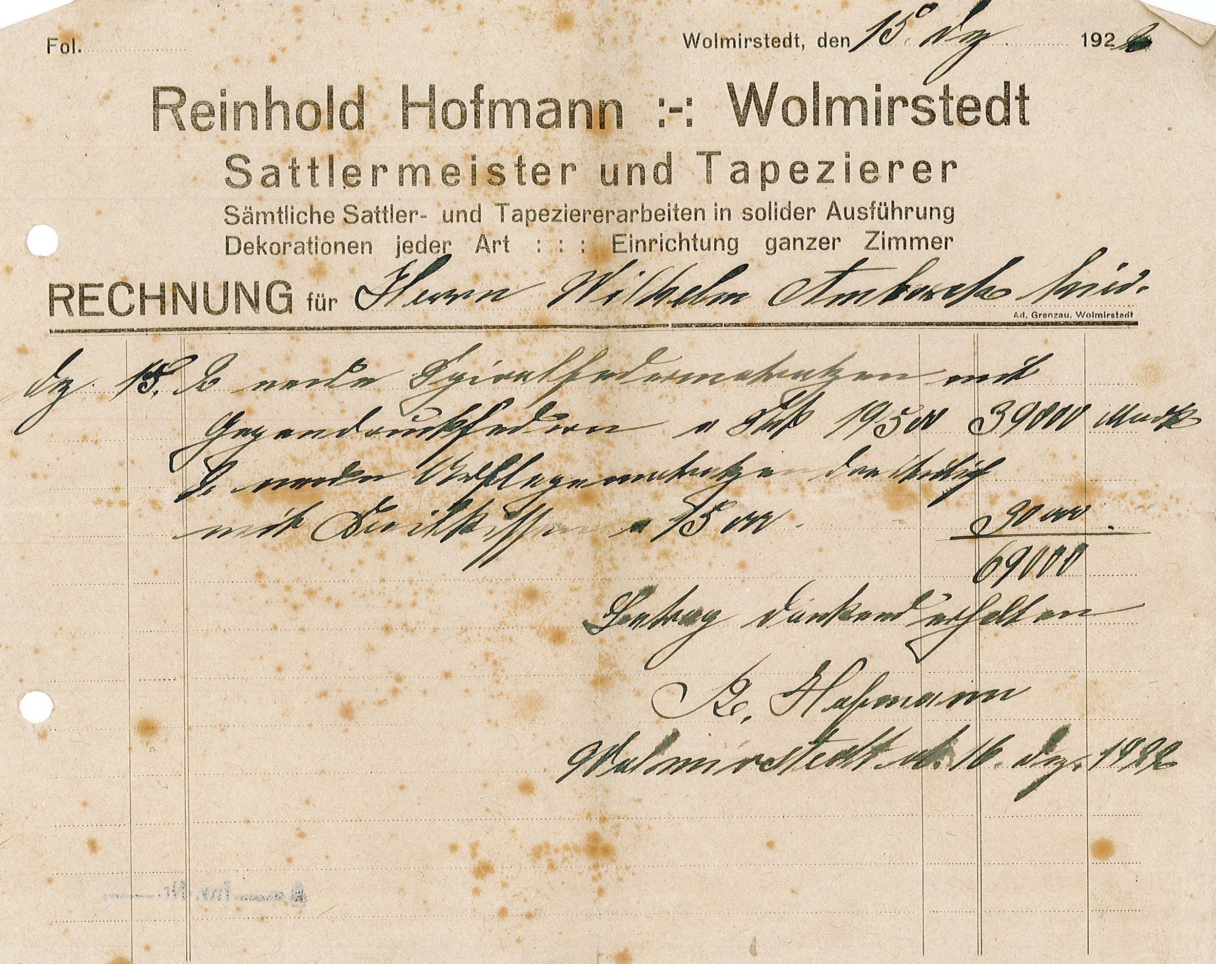 Rechnung des Sattlermeisters Reinhold Hofmann an Wilhelm Ambach, 15./16. Dezember 1926 (Museum Wolmirstedt RR-F)
