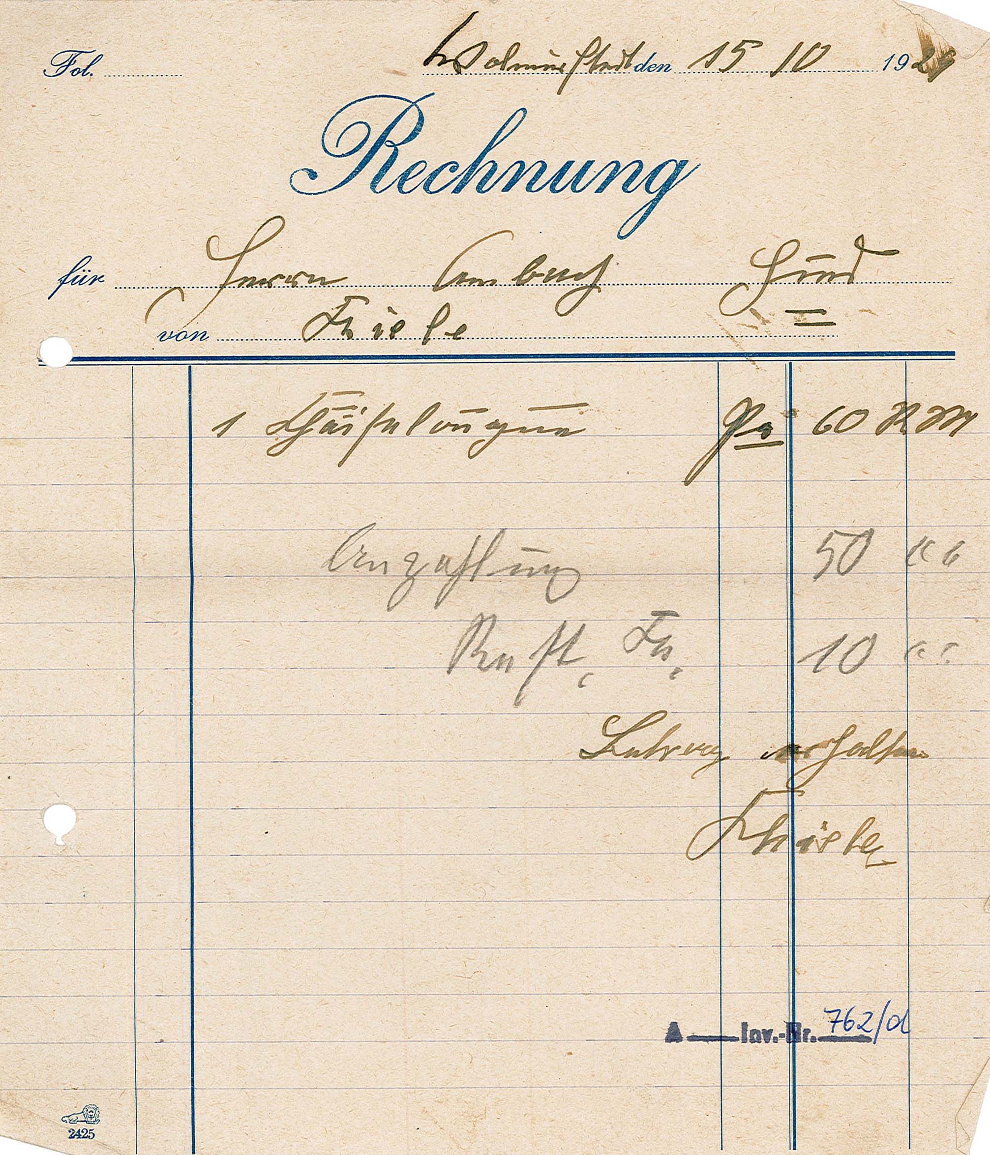 Rechnung an Wilhelm Ambach, 15. Oktober 1929 (Museum Wolmirstedt RR-F)