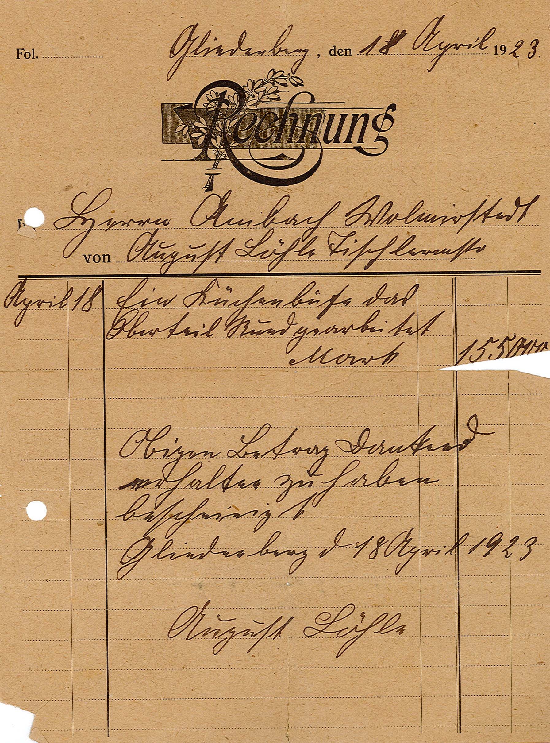 Rechnung von Tischler Löhle an Wilhelm Ambach, 18. April 1923 (Museum Wolmirstedt RR-F)