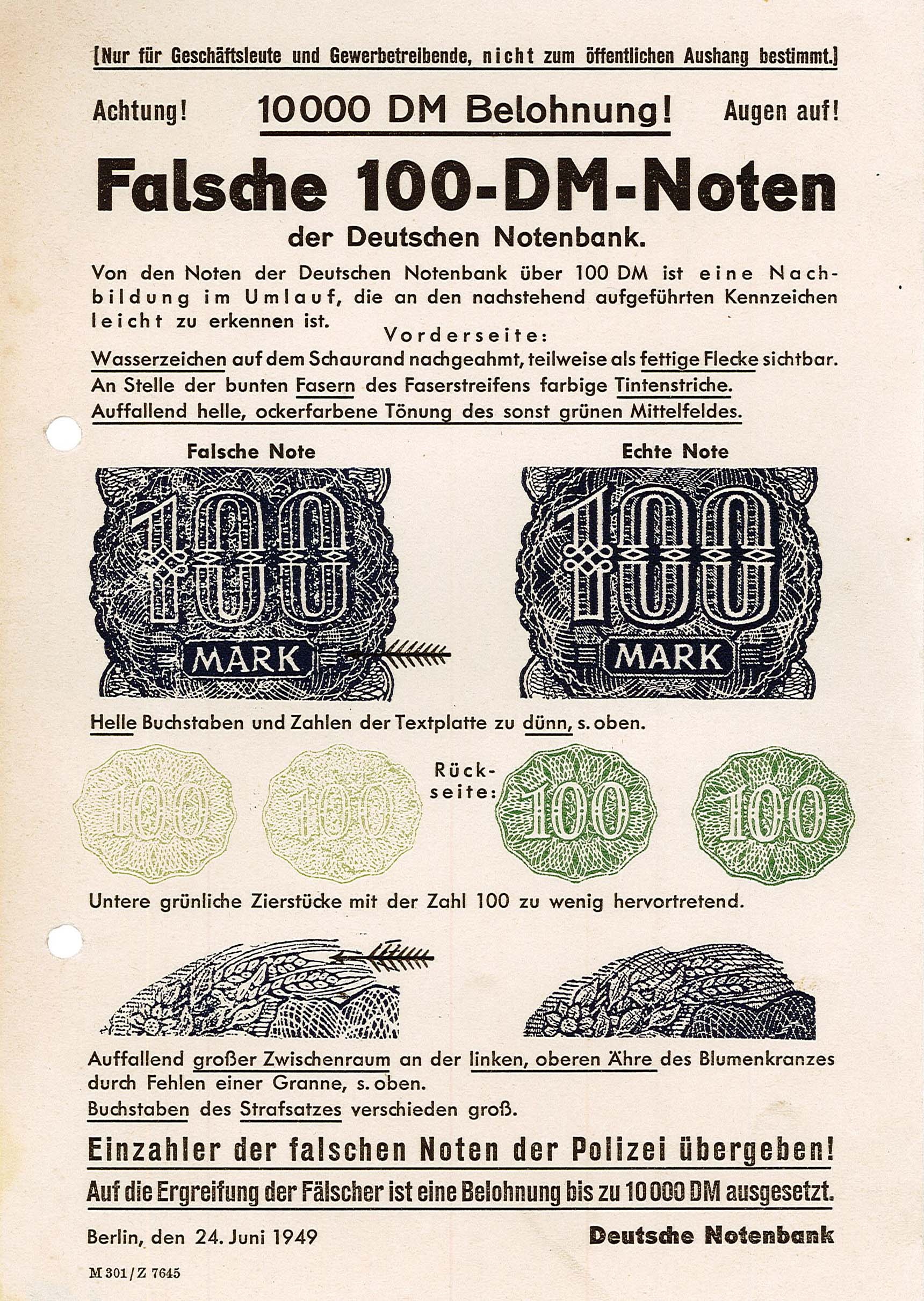 Informationsblatt zum Erkennen von Falschgeld, 24. Juni 1949 (Museum Wolmirstedt RR-F)