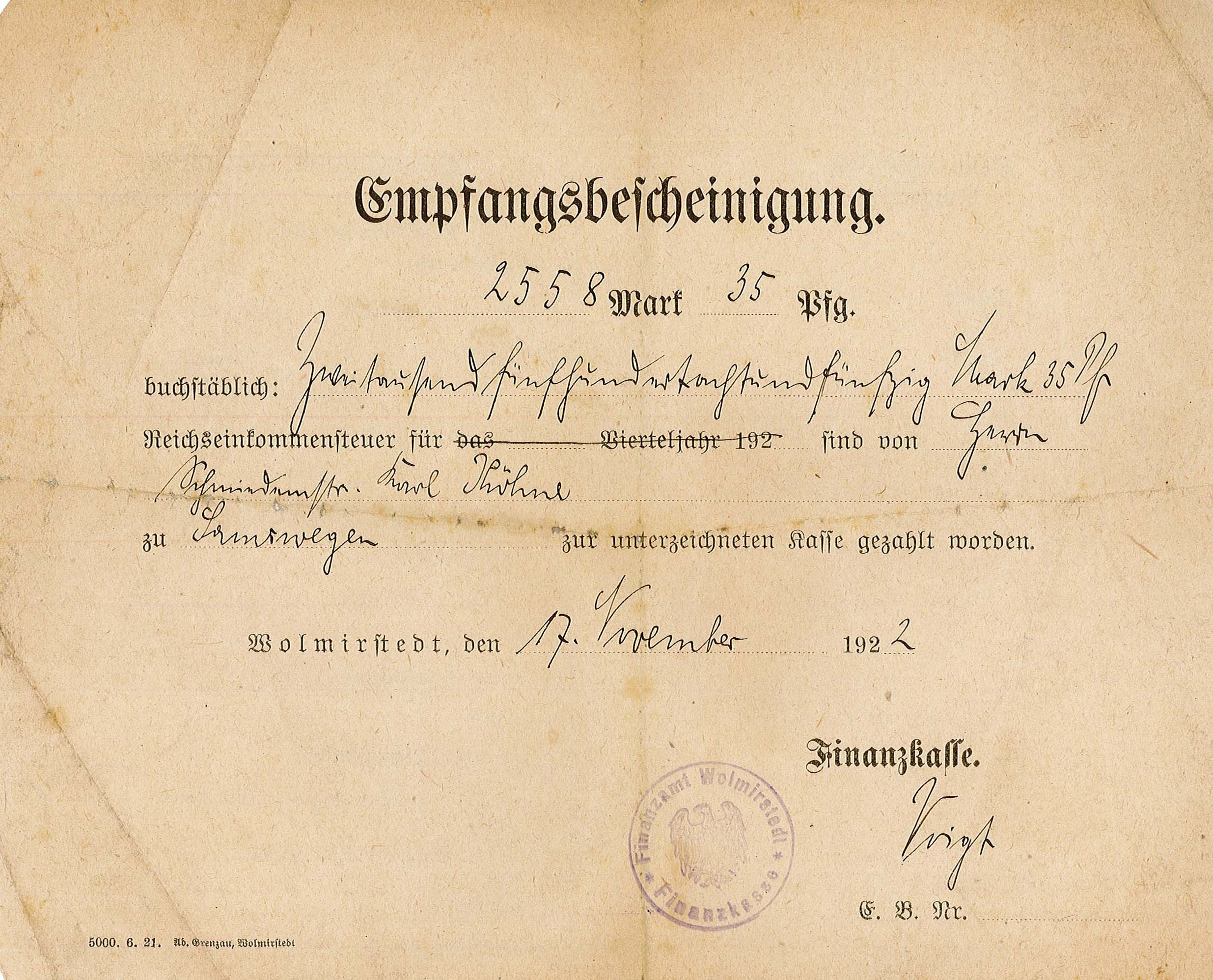 Quittung des Finanzamtes Wolmirstedt für Karl Köhne aus Samswegen, 17. November 1922 (Museum Wolmirstedt RR-F)
