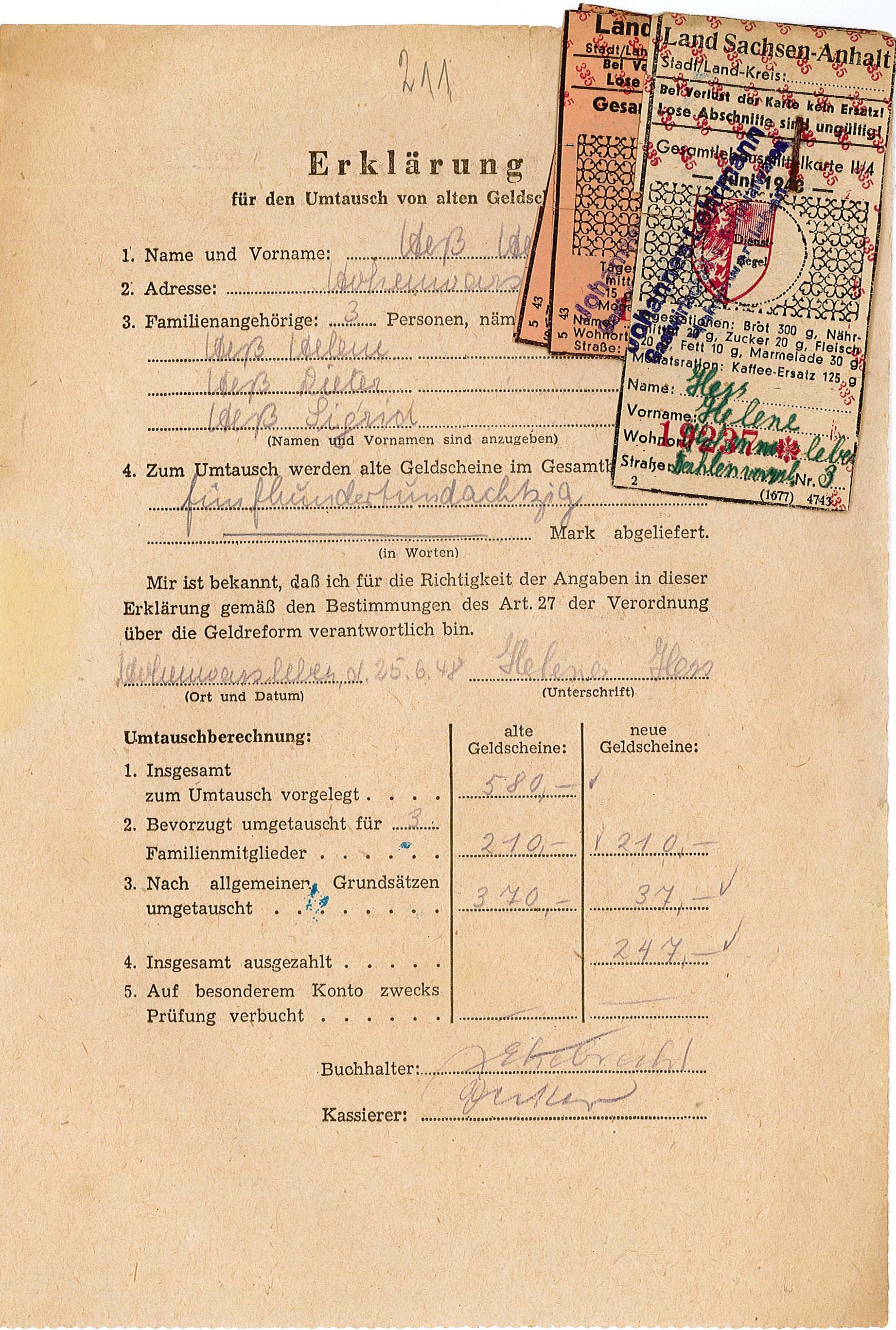 Erklärung für den Umtausch von Altgeld von Helene Hess, 25. Juni 1948 (Museum Wolmirstedt RR-F)