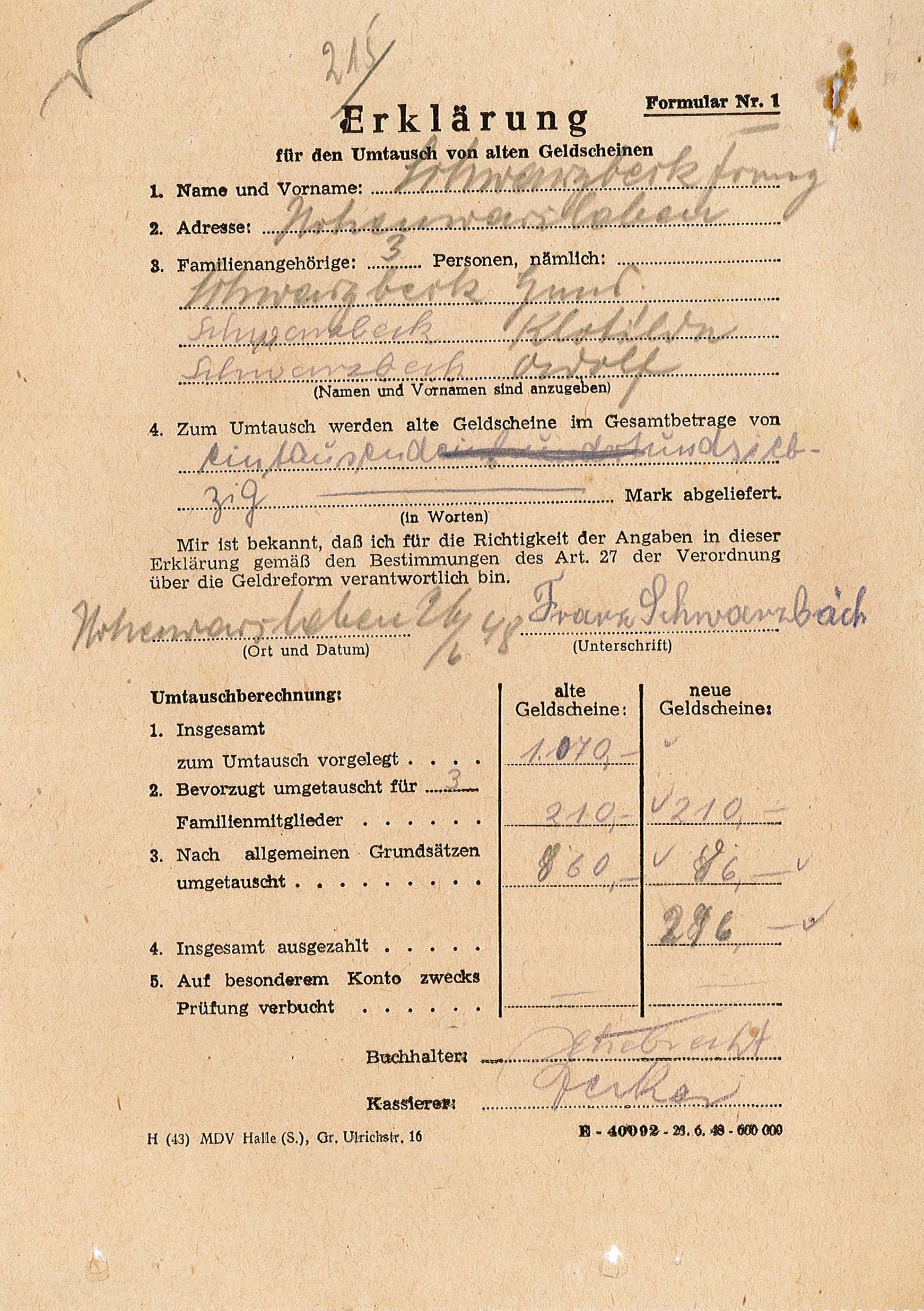 Erklärung für den Umtausch von Altgeld von Franz Schwarzberk, 26. Juni 1948 (Museum Wolmirstedt RR-F)