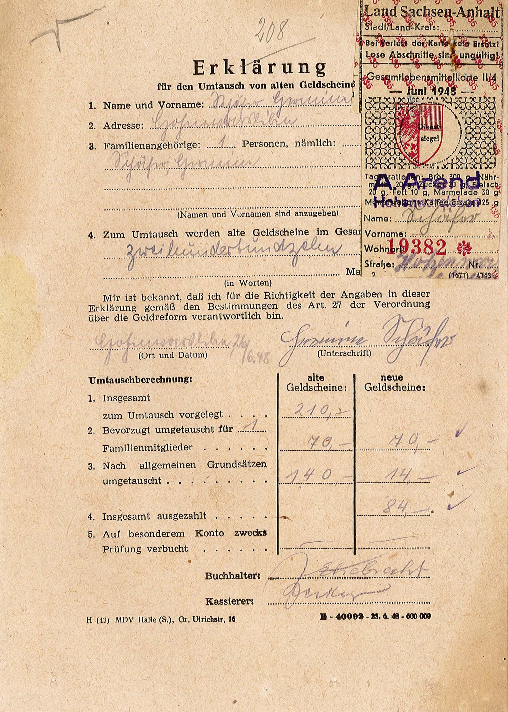 Erklärung für den Umtausch von Altgeld von Hermine Schäfer, 26. Juni 1948 - mit Lebensmittelmarken (Museum Wolmirstedt RR-F)