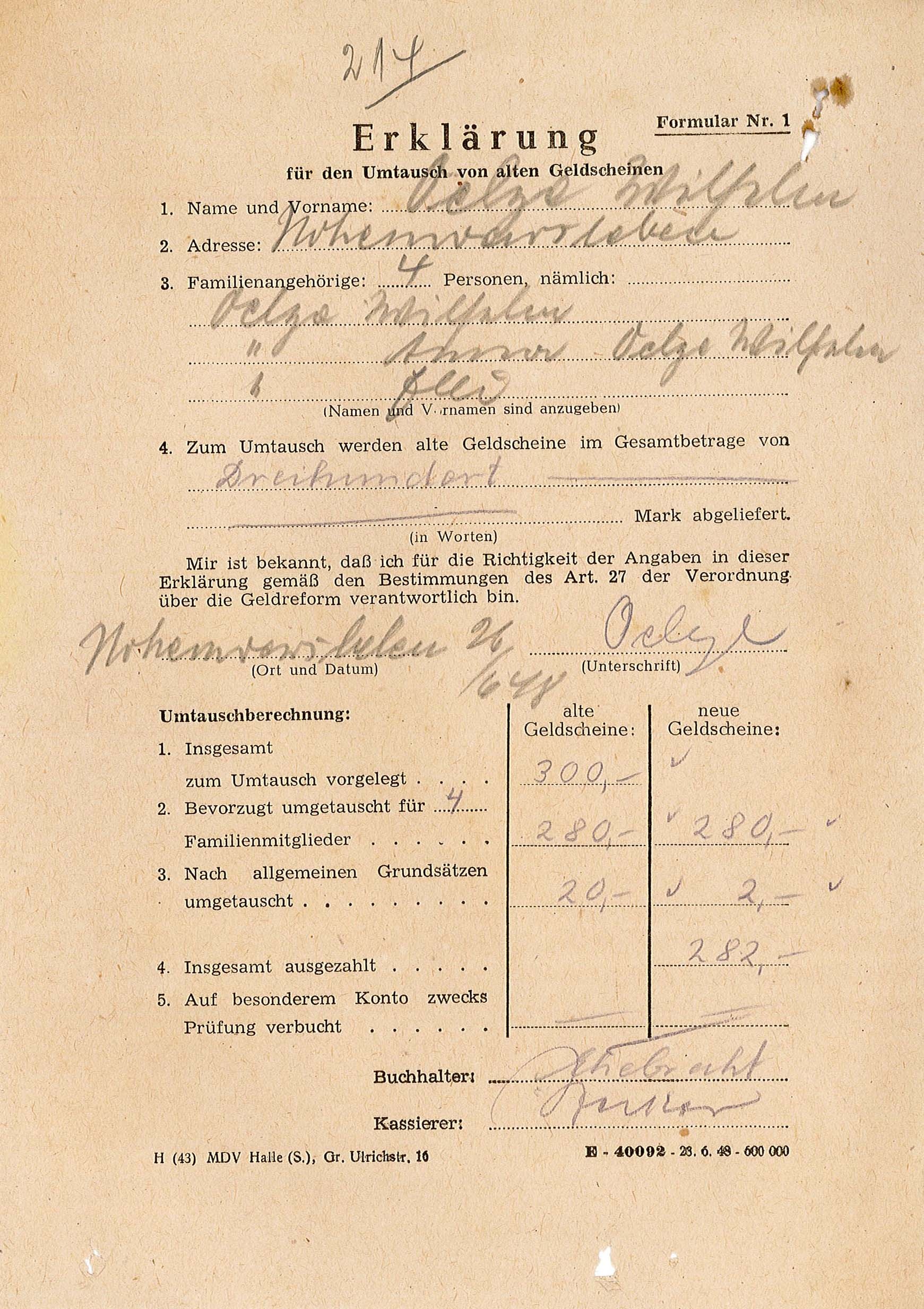 Erklärung für den Umtausch von Altgeld von Wilhelm Oelze, 26. Juni 1948 (Museum Wolmirstedt RR-F)