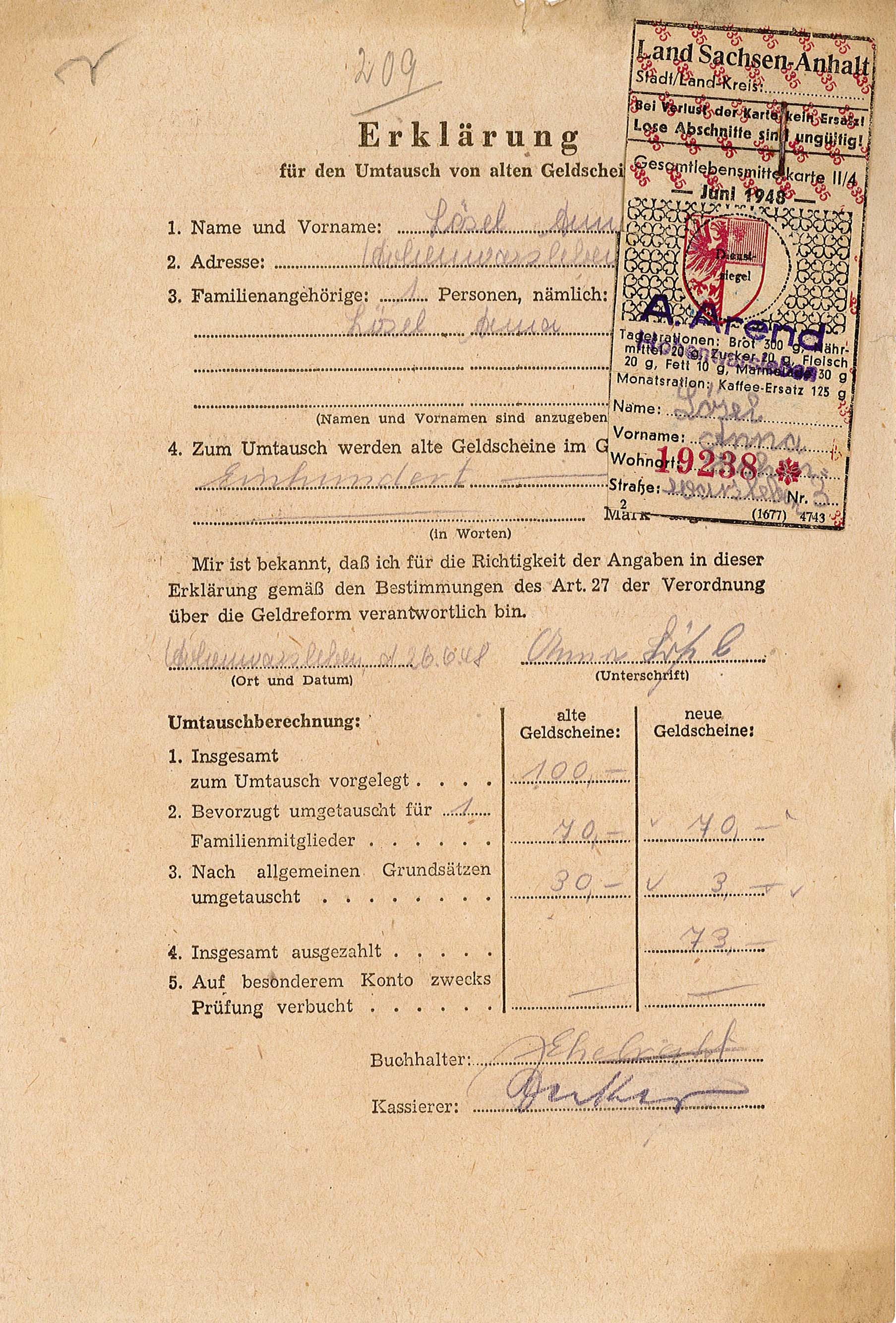 Erklärung für den Umtausch von Altgeld von Anna Lösel, 26. Juni 1948 - mit Lebensmittelmarke (Museum Wolmirstedt RR-F)