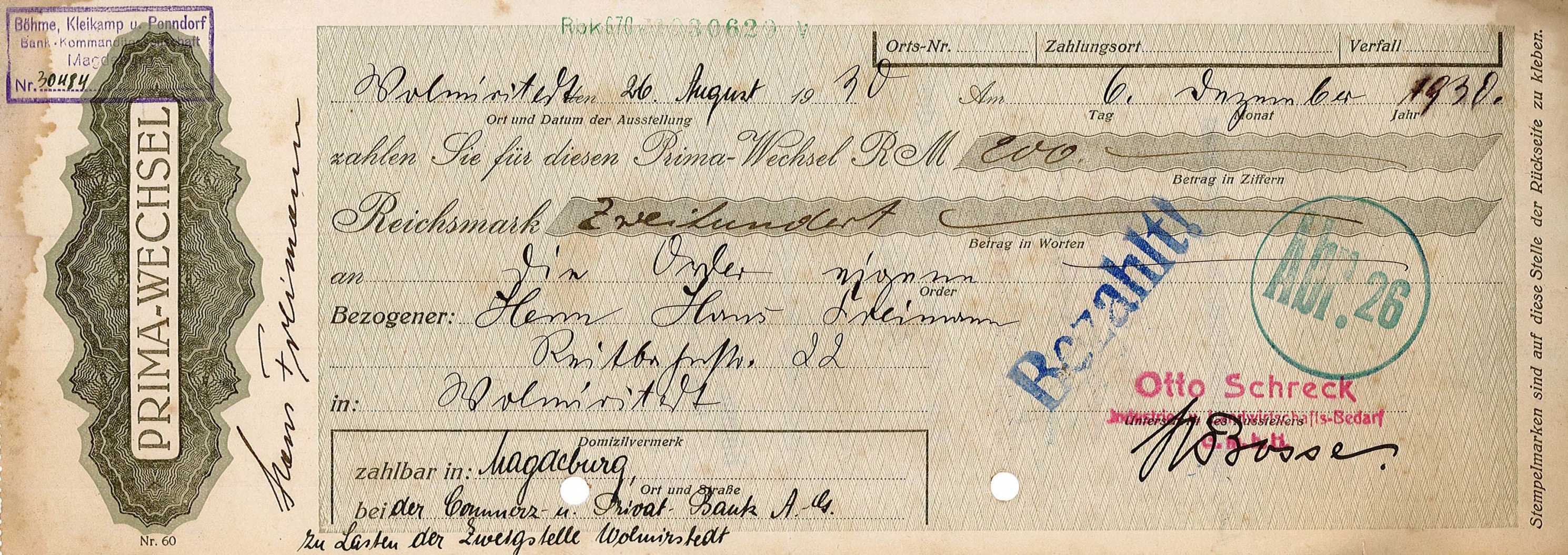 Prima-Wechsel von Otto Schreck für Hans Freimann, 6. Dezember 1930 (Museum Wolmirstedt RR-F)