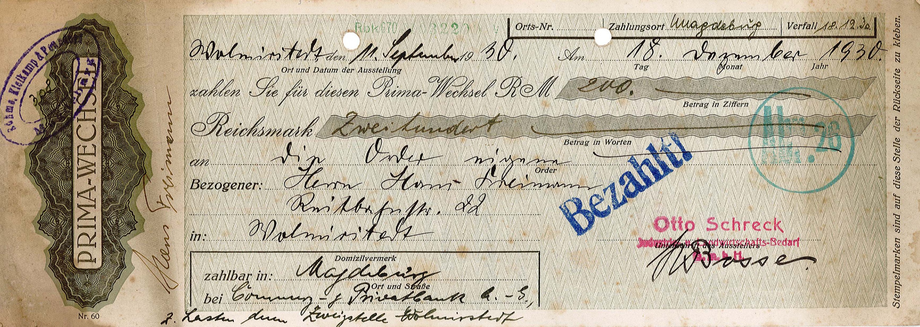 Prima-Wechsel von Otto Schreck für Hans Freimann, 18. Dezember 1930 (Museum Wolmirstedt RR-F)