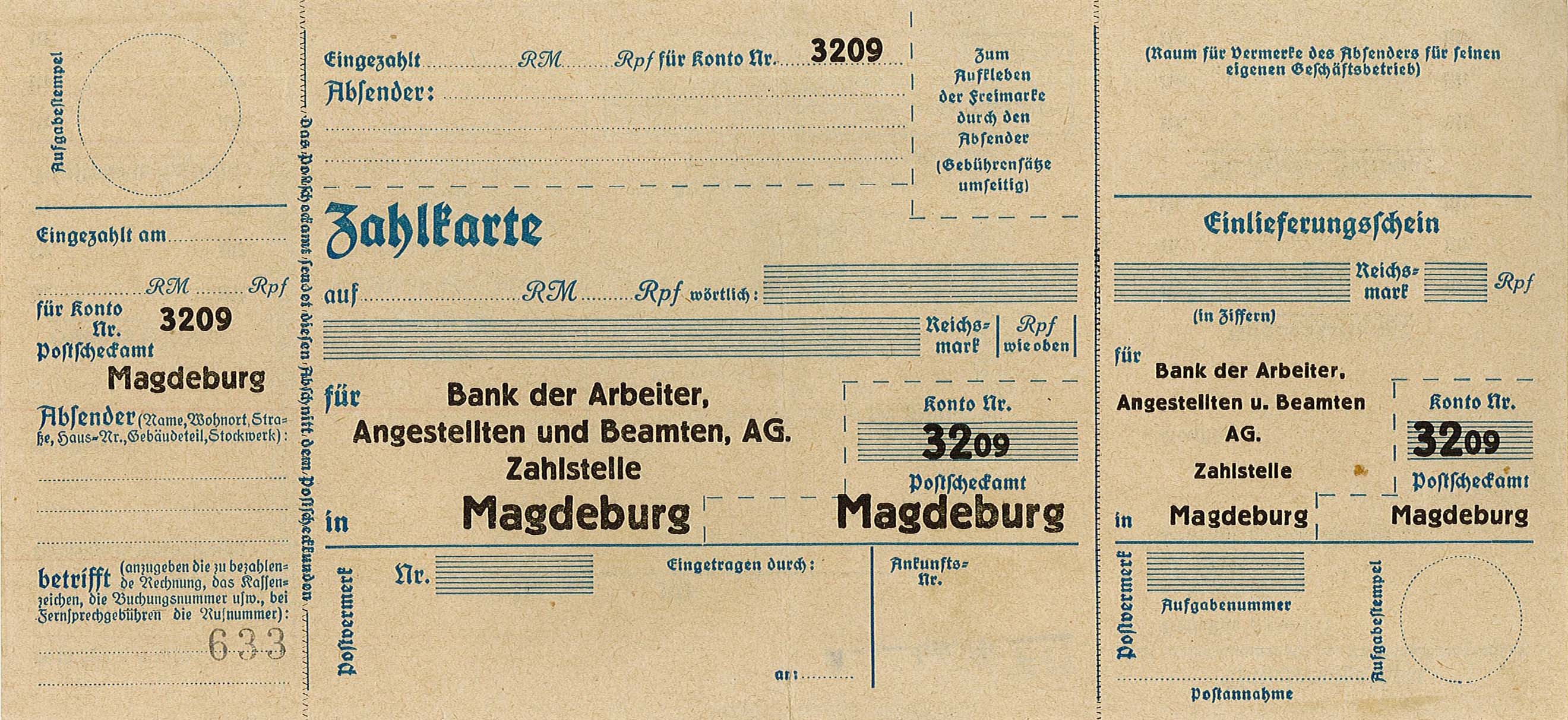 Zahlkarte für Bank der Arbeiter, Angestellten und Beamten AG, Magdeburg (Museum Wolmirstedt RR-F)