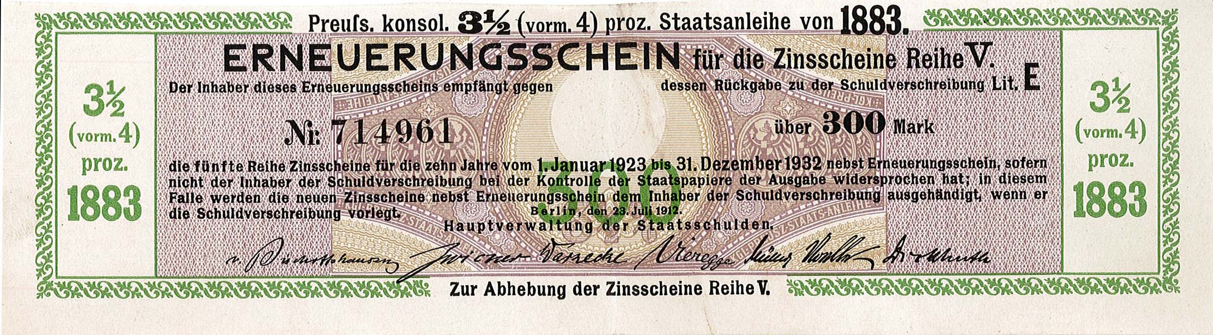 Erneuerungsschein für Staatsanleihen, 1883 bzw. 1923 (Museum Wolmirstedt RR-F)
