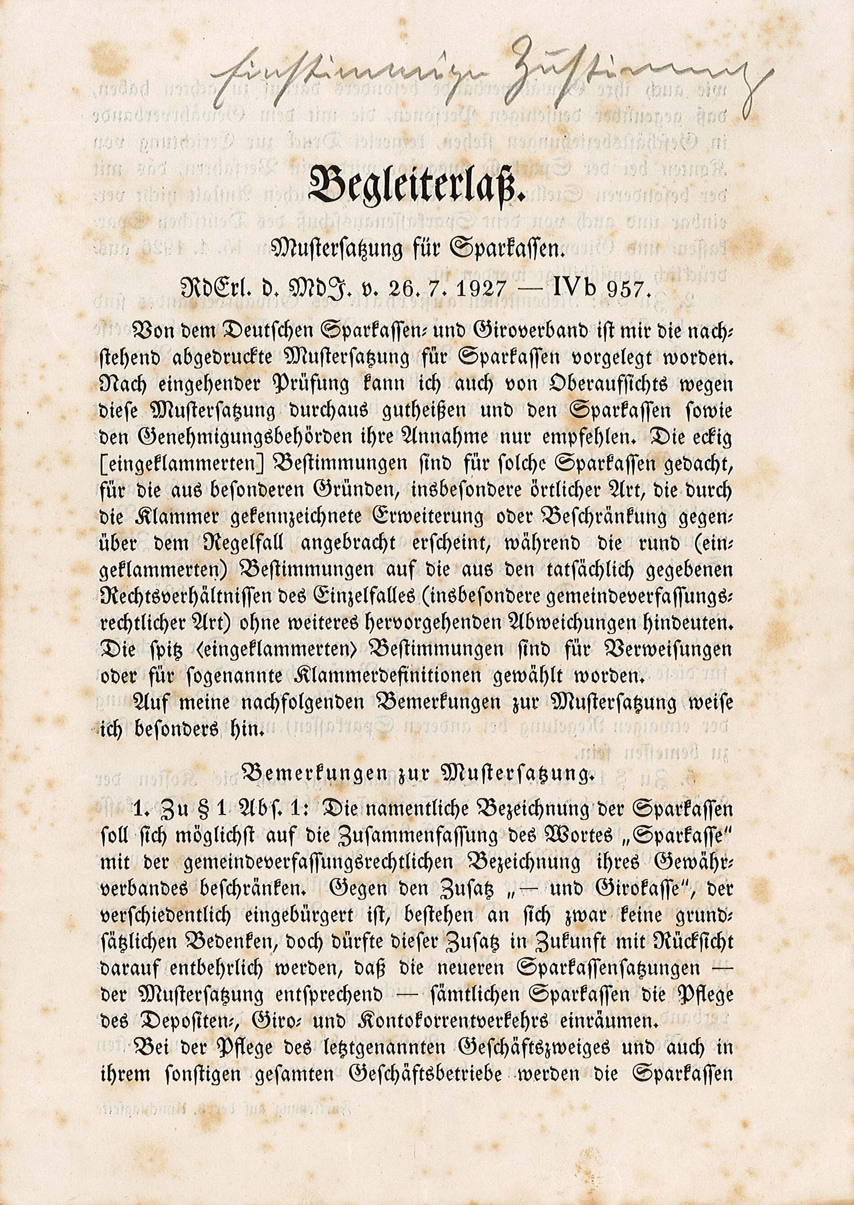 Begleiterlaß. Mustersatzung für Sparkassen, 1927 (Museum Wolmirstedt RR-F)