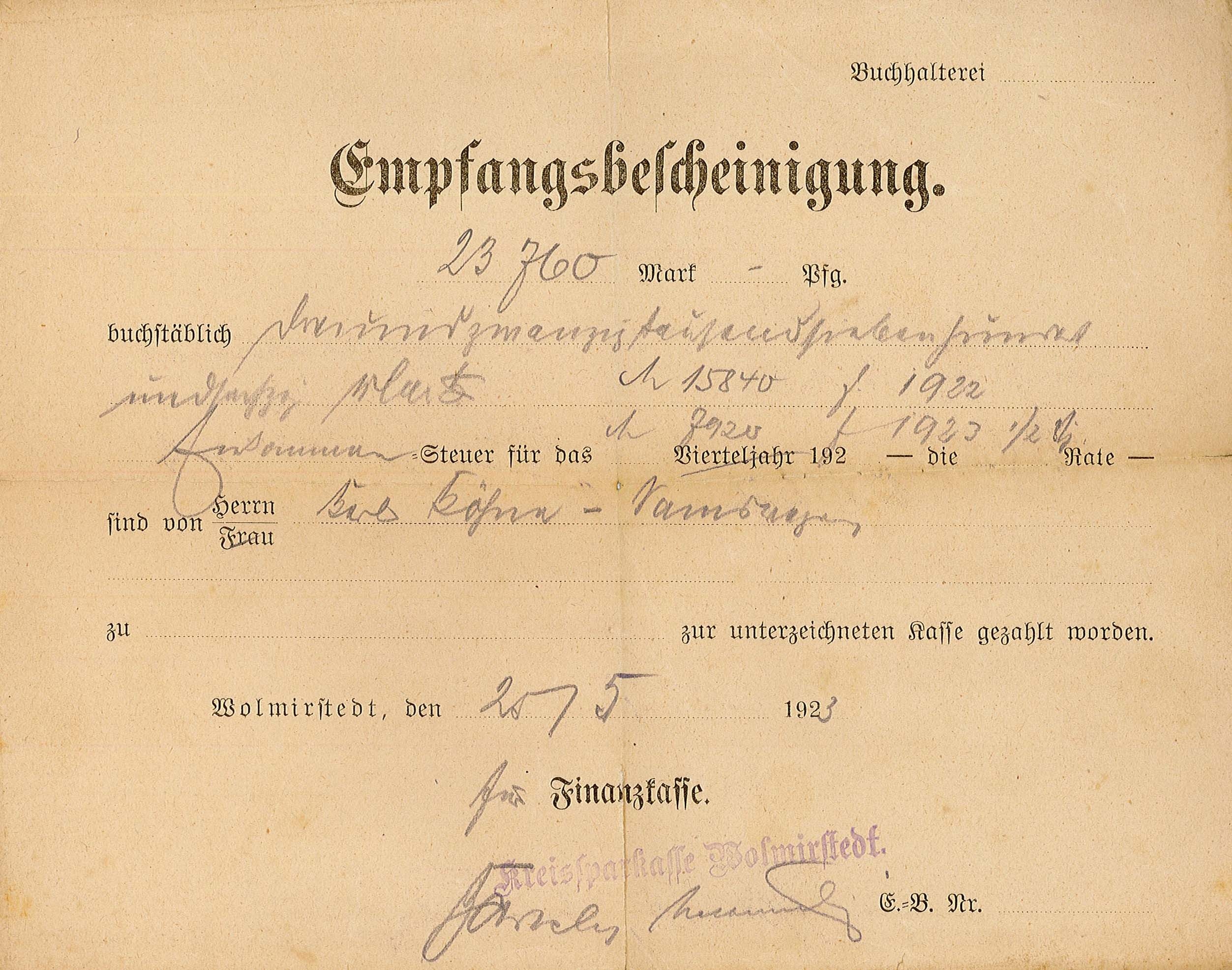 Quittung des Finanzamtes Wolmirstedt für Karl Köhne aus Samswegen, 25. Mai 1923 (Museum Wolmirstedt RR-F)