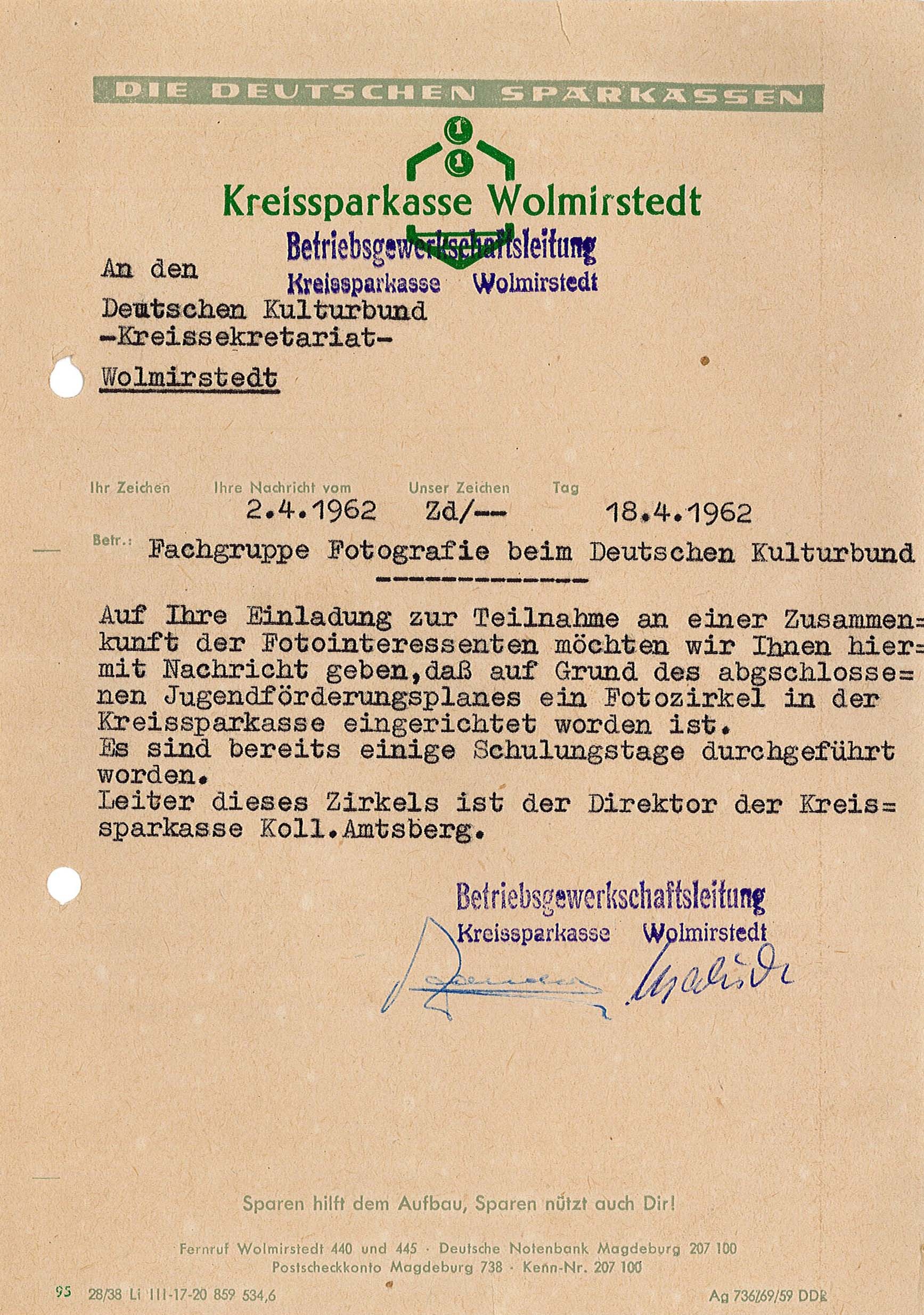 Schreiben der Kreissparkasse Wolmirstedt an das Kreissekretariat des Deutschen Kulturbund Wolmirstedt, 18. April 1962 (Museum Wolmirstedt RR-F)