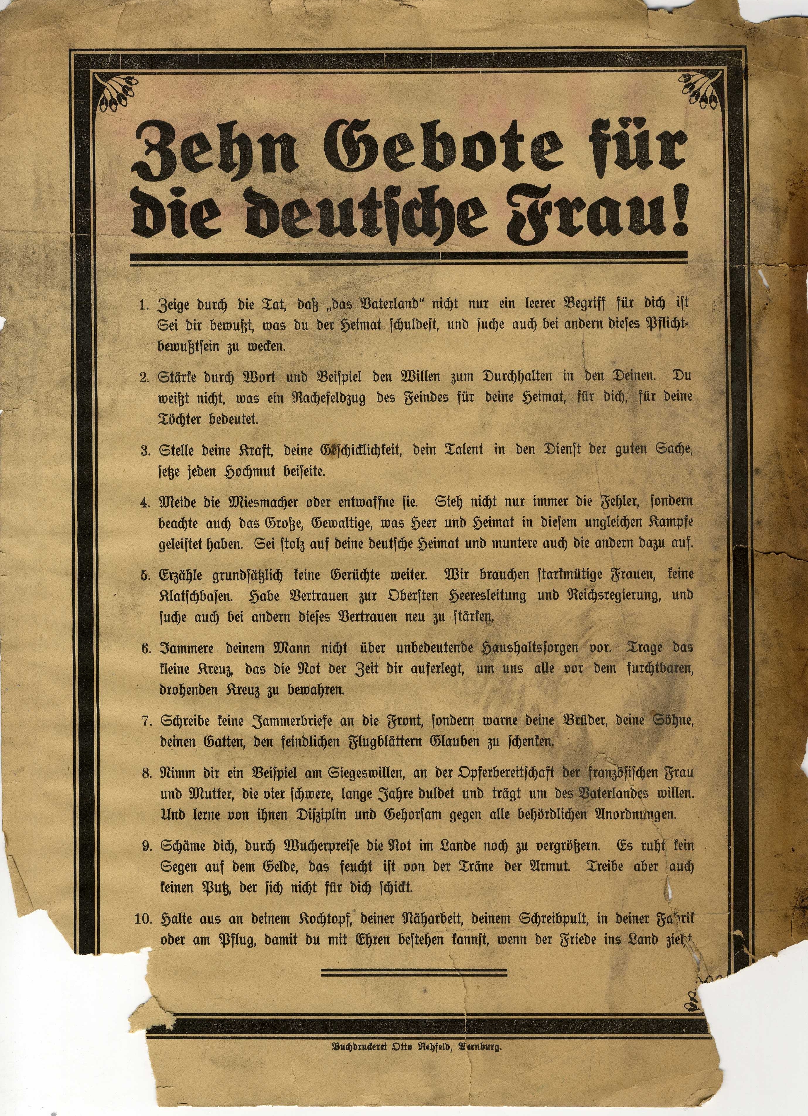 Flugblatt „Zehn Gebote für die deutsche Frau!“ (Regionalgeschichtliche Sammlungen der Lutherstadt Eisleben CC BY-NC-SA)