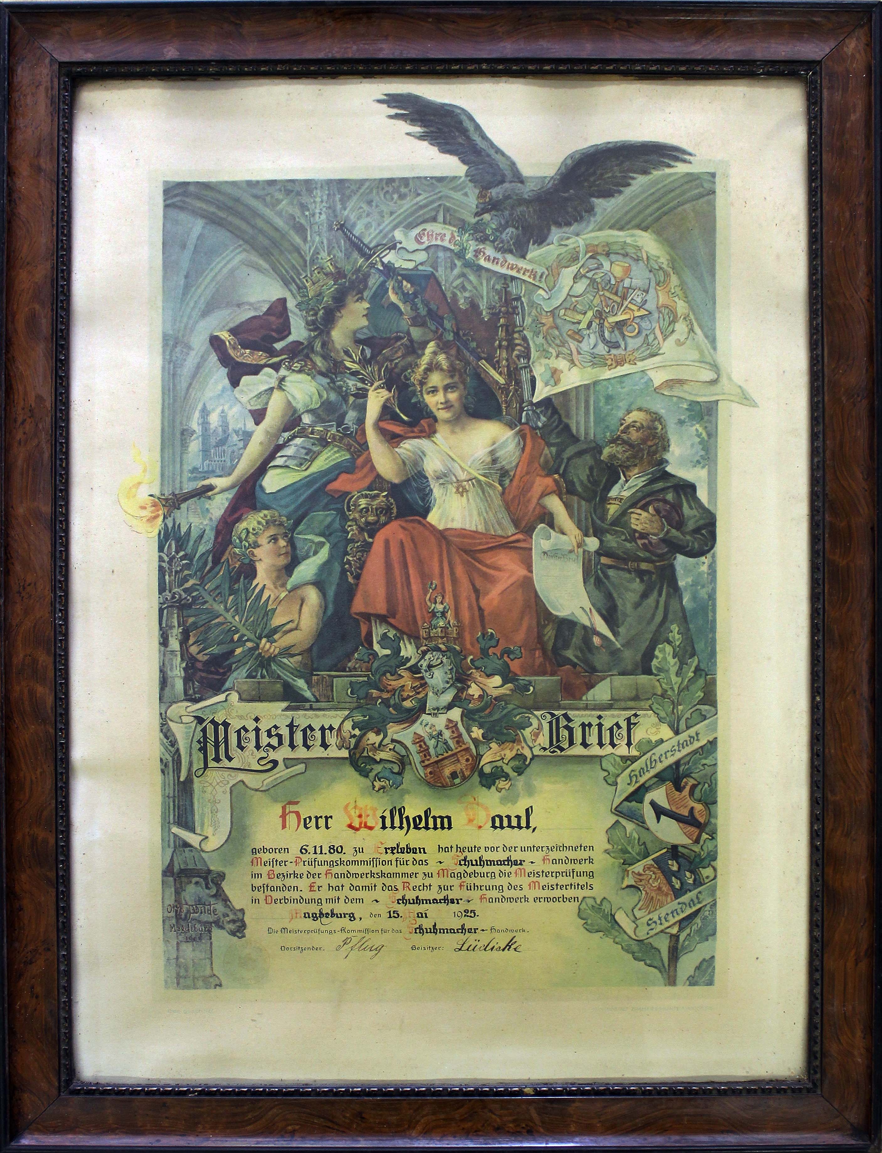 Meisterbrief, gerahmt, Wilhelm Daul, 1925 (Museum Wolmirstedt RR-F)