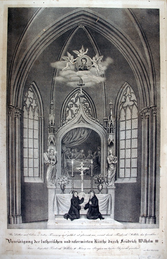 Symbolische Darstellung der Vereinigung der lutherischen und reformierten Kirche durch Luther und Calvin (Winckelmann-Museum Stendal CC BY-NC-SA)