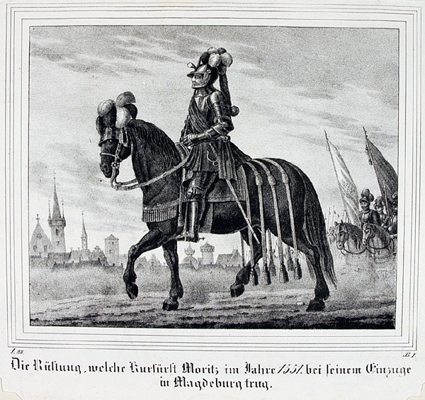Kurfürst Moritz zu Pferd in Ritterrüstung beim Einmarsch in Magdeburg (Winckelmann-Museum Stendal CC BY-NC-SA)