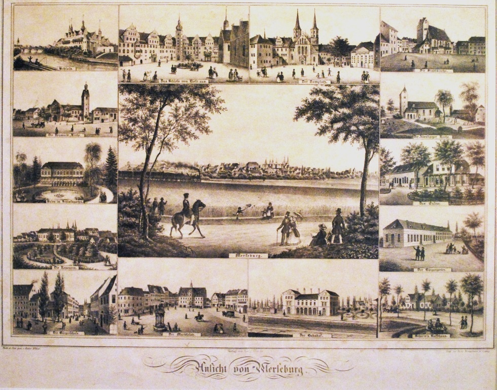 Lithographie - Merseburger Stadtansicht um 1850 mit einem Haupt- und 14 Nebenbildern (Kulturhistorisches Museum Schloss Merseburg CC BY-NC-SA)