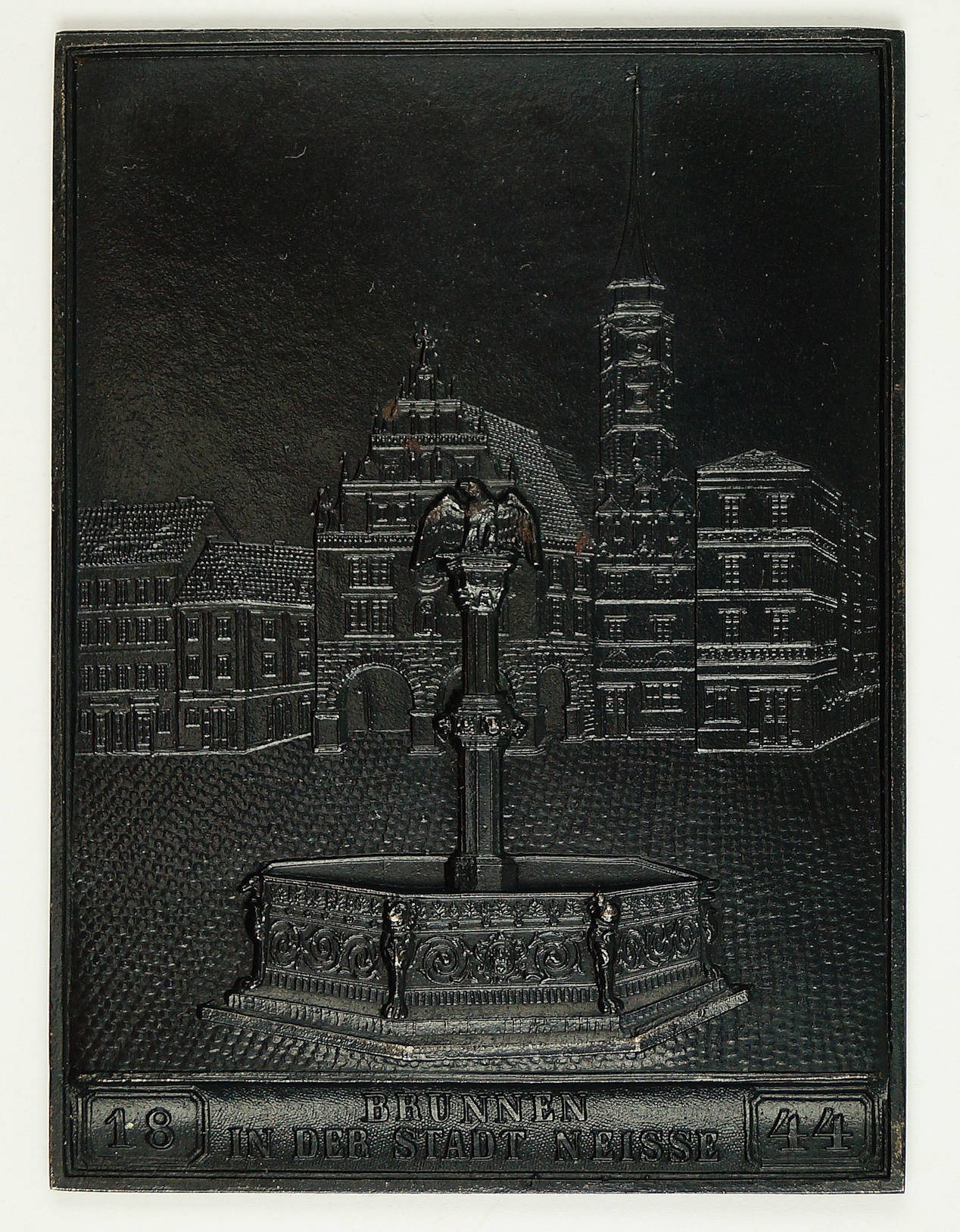 Eisenkunstguss-Plakette Neujahreskarte für 1844   Brunnen in der Stadt Neisse", heute Nysa (Museum Weißenfels - Schloss Neu-Augustusburg CC BY-NC-SA)