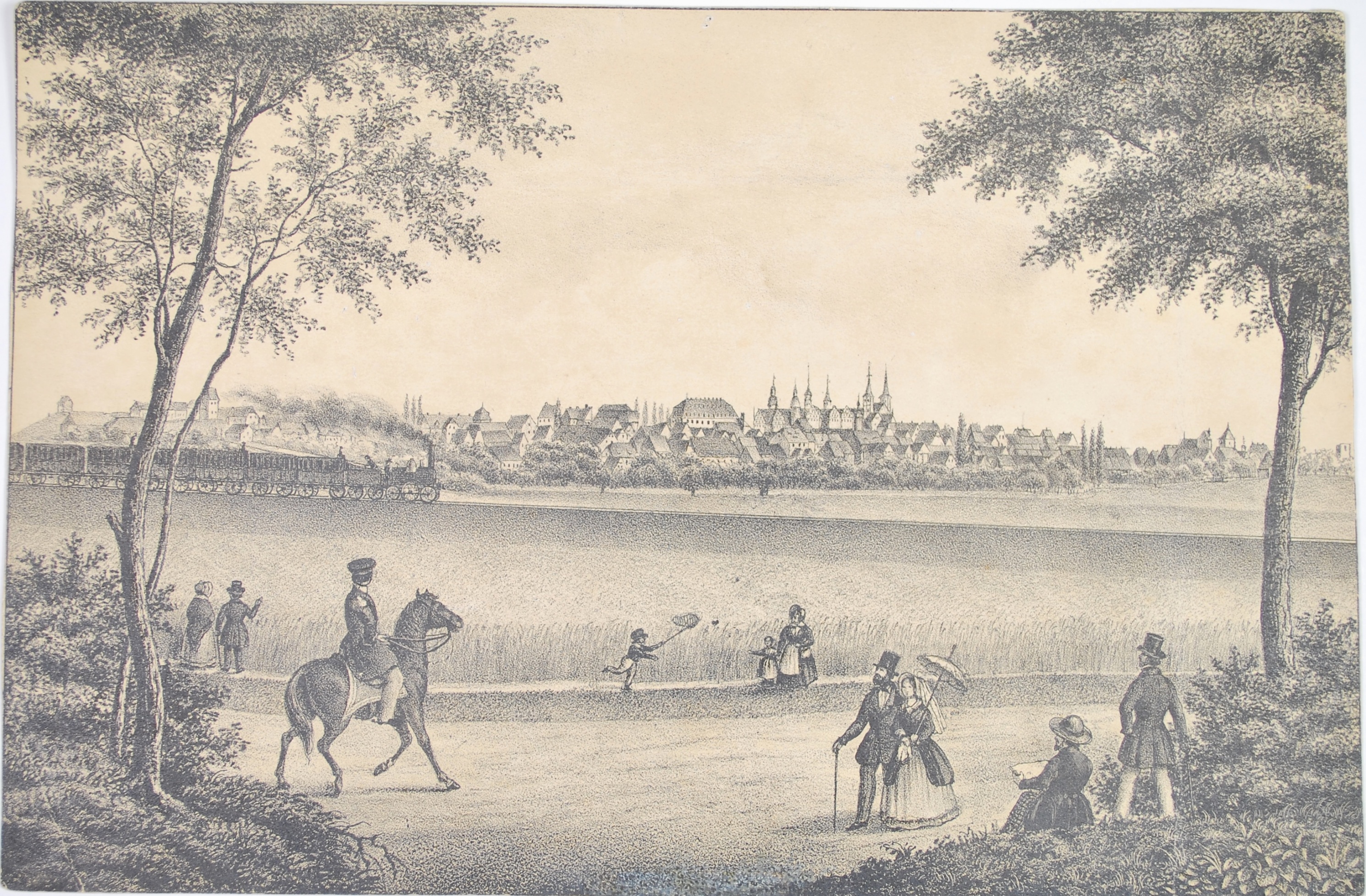 Lithographie - Merseburg, Ansicht zur Zeit der Eröffnung der Thüringischen Eisenbahn 1846 (Kulturhistorisches Museum Schloss Merseburg CC BY-NC-SA)