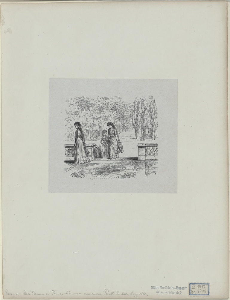 Drei junge Damen im Trauerschleier kommen aus einem Park, aus: Illustrationen zu den Werken Friedrichs des Großen (Kulturstiftung Sachsen-Anhalt CC BY-NC-SA)