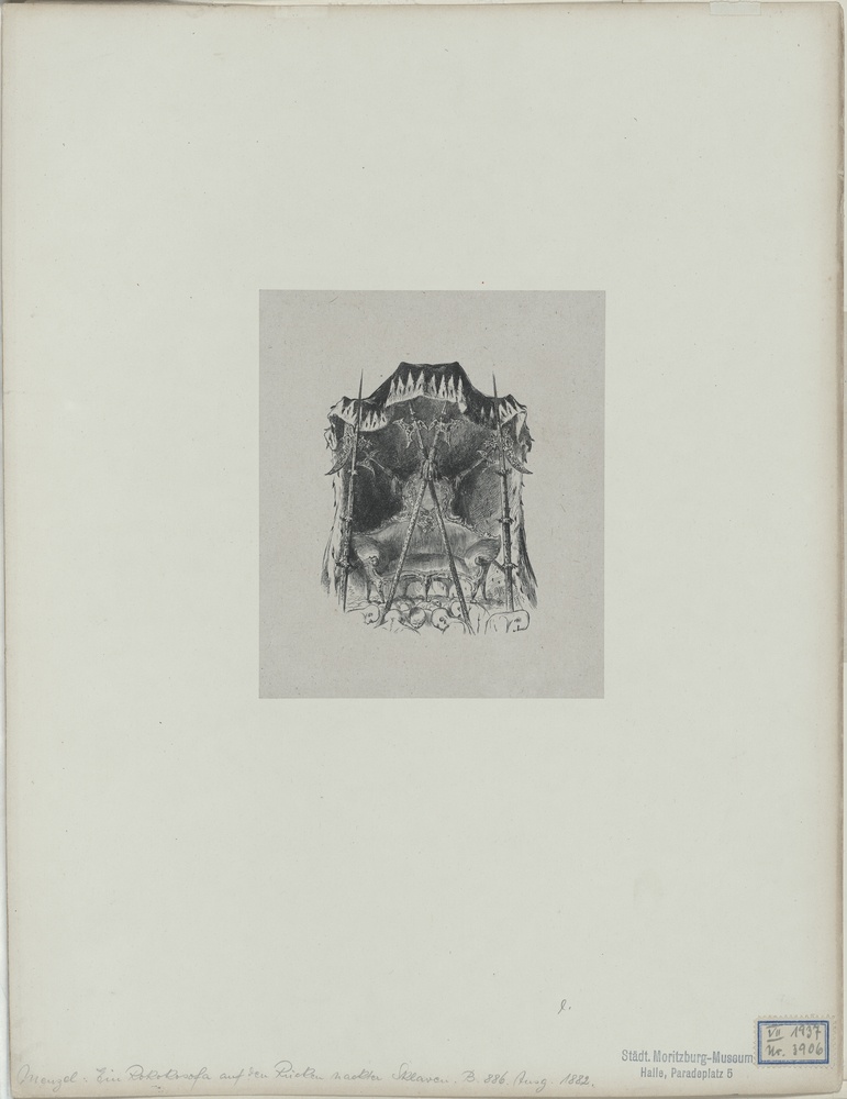 Ein Rokokosofa unter einem von Prunklanzen getragenen Hermelinbaldachin auf den gebückten Rücken zahlreicher nackter Sklaven. aus: Illustrationen zu den Werken  (Kulturstiftung Sachsen-Anhalt CC BY-NC-SA)