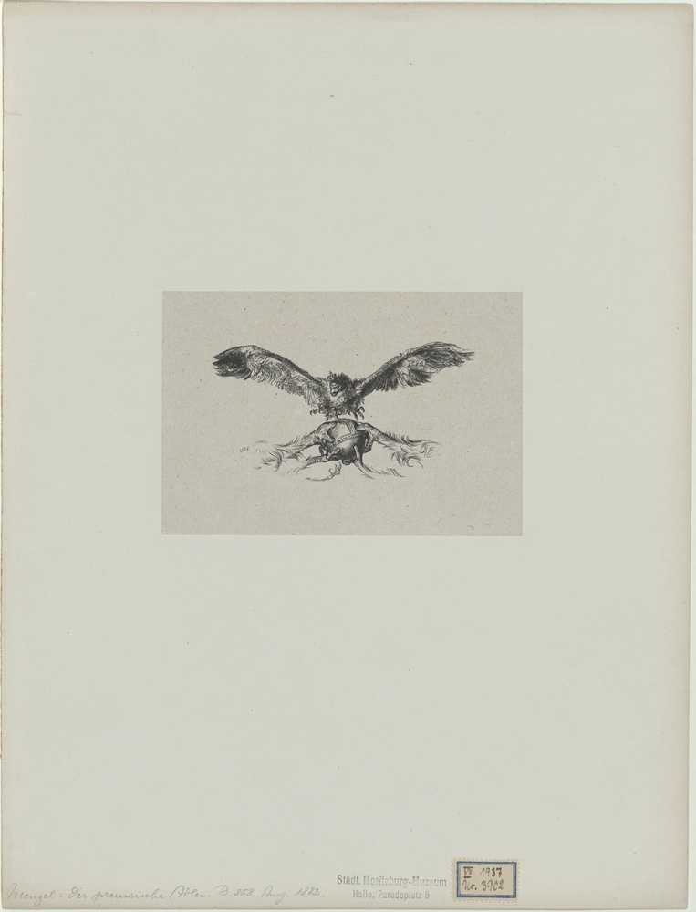 Der preußische Adler schwebt mit ausgebreiteten Flügeln über dem Reichsapfel, in den andere Raubvögel ihre Krallen geschlagen haben. aus: Illustrationen zu den  (Kulturstiftung Sachsen-Anhalt CC BY-NC-SA)