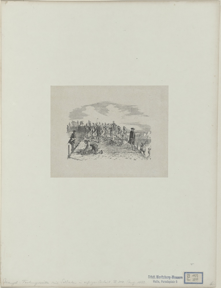 Festungswälle mit Soldaten in eifriger Arbeit. aus: Illustrationen zu den Werken Friedrichs des Großen (Kulturstiftung Sachsen-Anhalt CC BY-NC-SA)