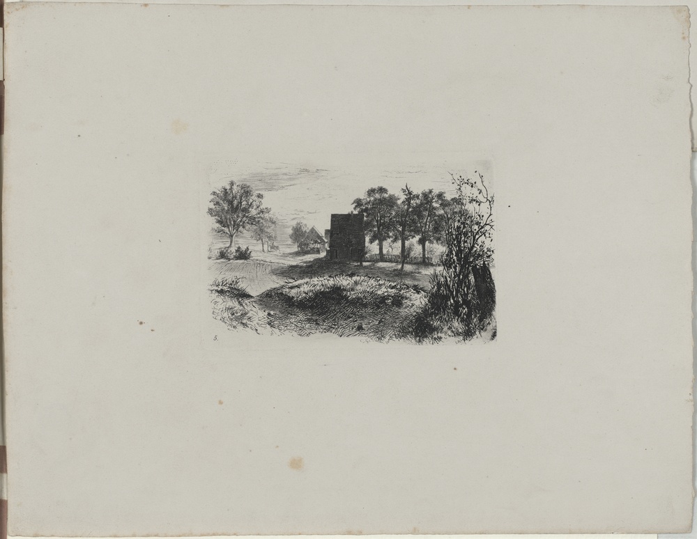 Landschaft mit drei Hütten, Blatt 5, "Radier-Versuche", Mappe mit 6 Blättern, Berlin 1844 (Kulturstiftung Sachsen-Anhalt CC BY-NC-SA)